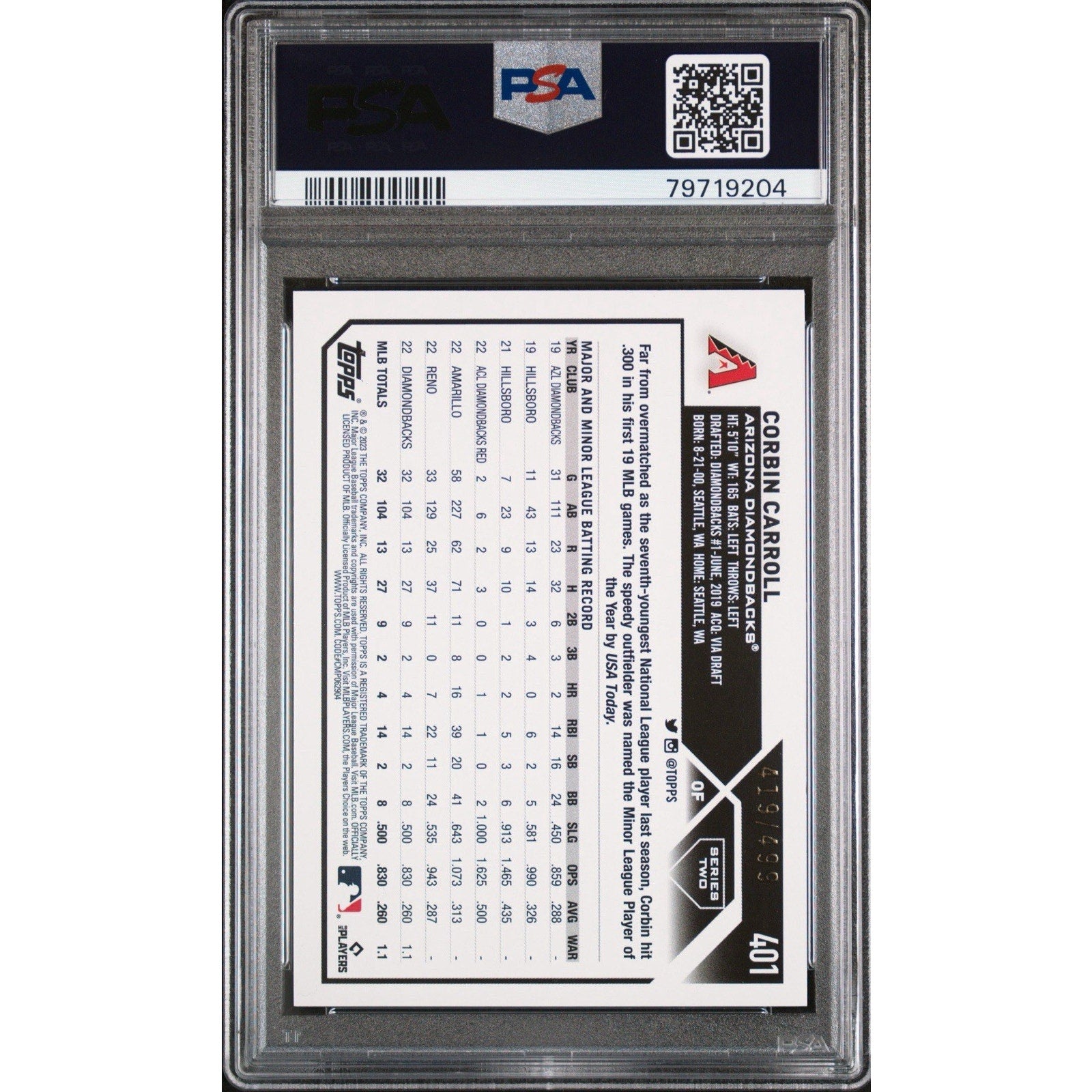 2023 Topps Corbin Carroll #401 Green Foil /499 Rookie PSA 9 Series 2 MLB RC