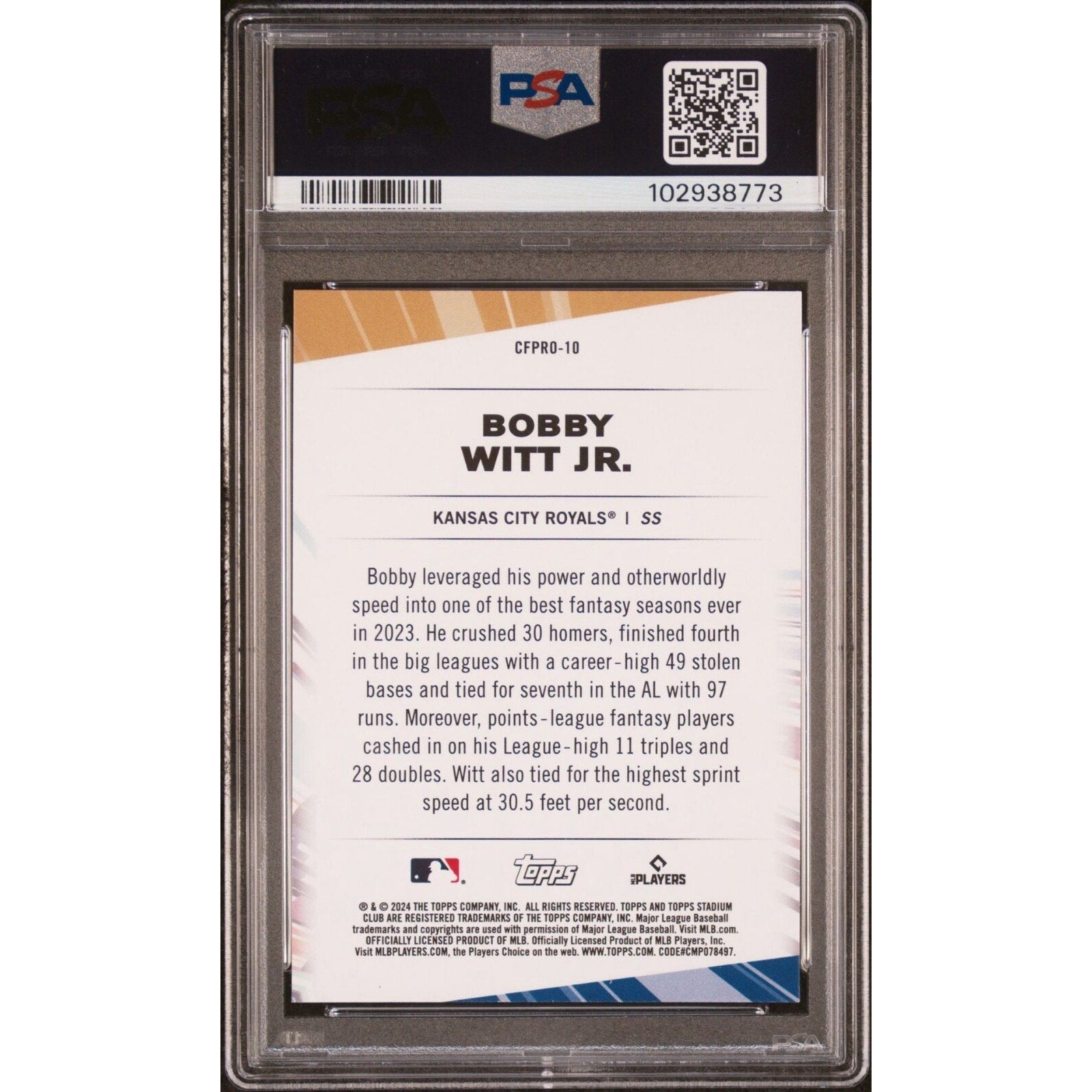 2024 TOPPS STADIUM CLUB CFPRO #CFPRO10 BOBBY WITT JR. Royals PSA 10 Gem Rookie