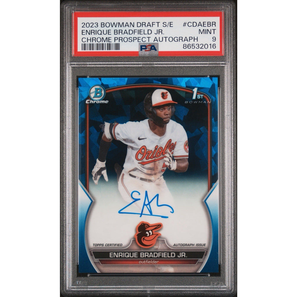 2023 Bowman Chrome Draft Sapphire Enrique Bradfield Jr. 1st Bowman autograph card numbered to 199 PSA 9 Mint featuring Baltimore Orioles prospect