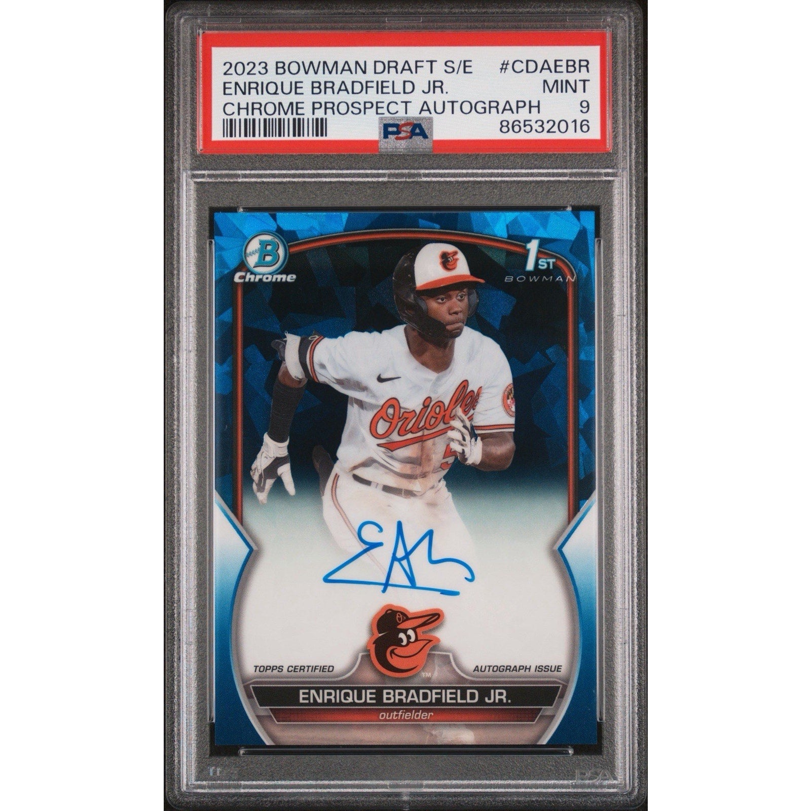 2023 Bowman Chrome Draft Sapphire Enrique Bradfield Jr. 1st Bowman autograph card numbered to 199 PSA 9 Mint featuring Baltimore Orioles prospect