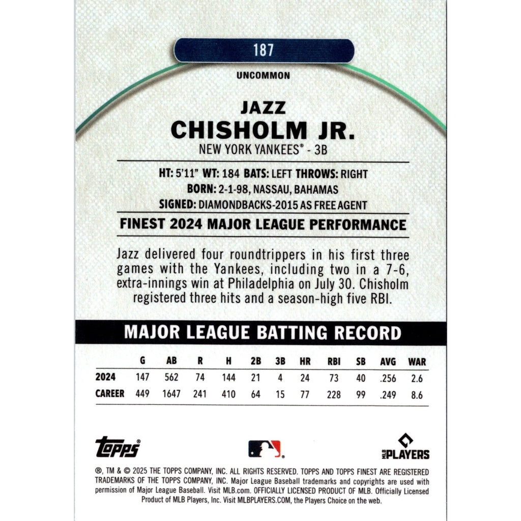 2025 Topps Finest Jazz Chisholm Jr #187 Blue Refractor /250 Uncommon Yankees