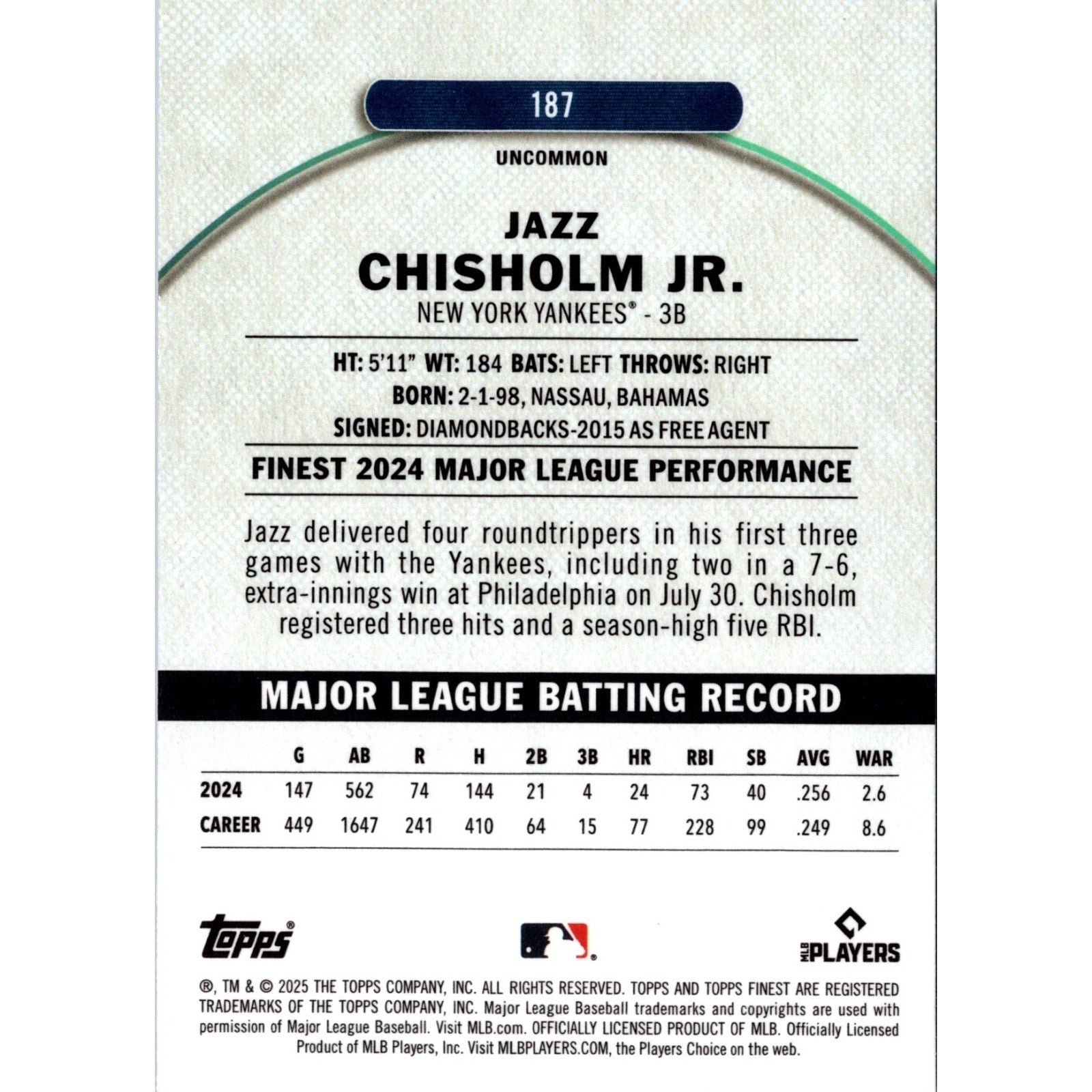 2025 Topps Finest Jazz Chisholm Jr #187 Blue Refractor /250 Uncommon Yankees
