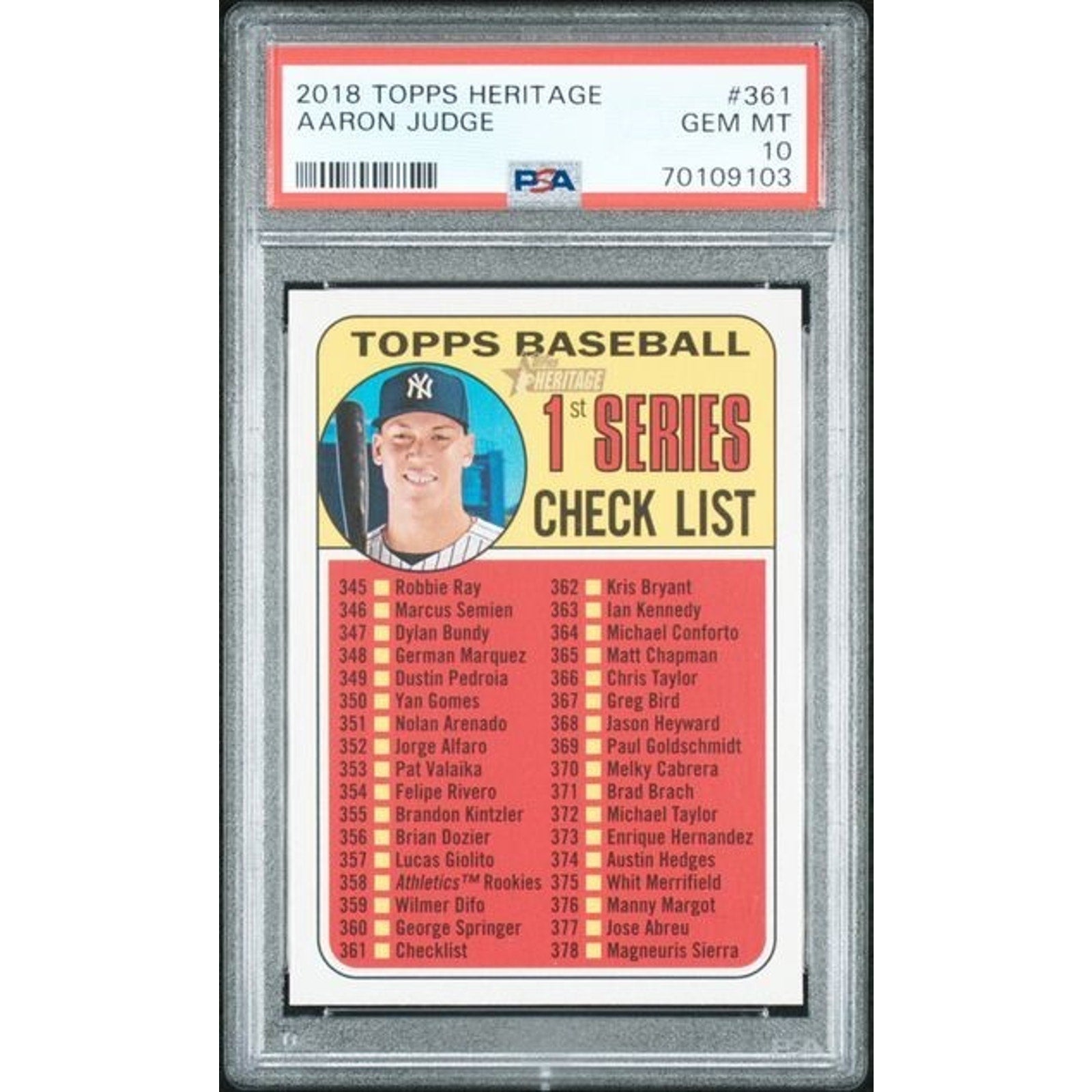 Aaron Judge 2018 Topps Heritage 1st Series Checklist #361 PSA 10