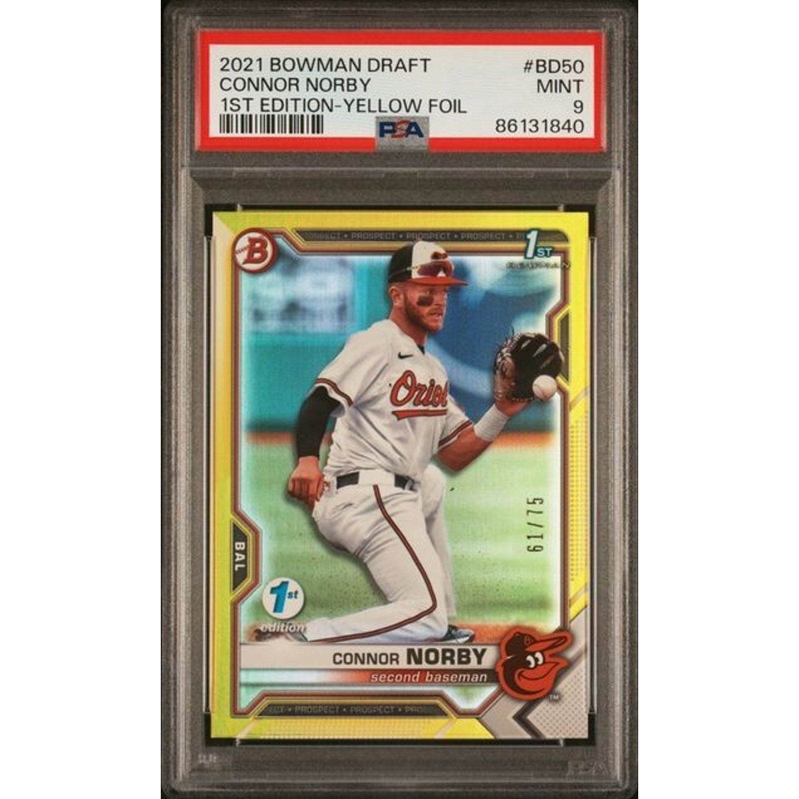 2021 Bowman Draft Connor Norby 1st Edition Yellow Refractor /75 BD50 PSA 9 RC