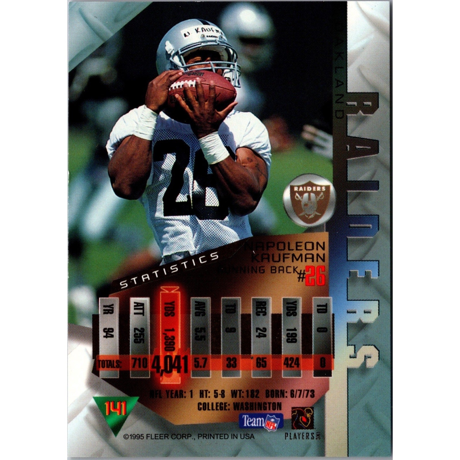 Napoleon Kaufman 1995 Fleer Metal #141 Rookie RC Washington Huskies Raiders