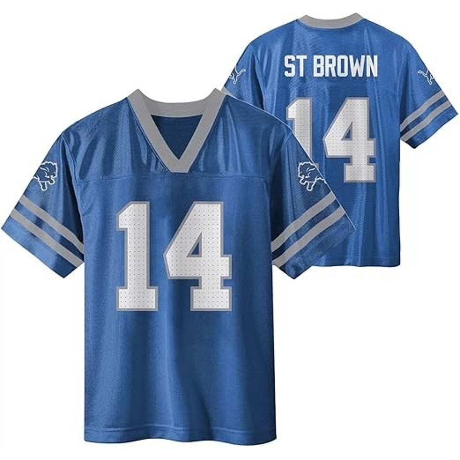 Detroit Lions Amon-Ra St. Brown youth home jersey in Honolulu blue with number 14 and official team graphics