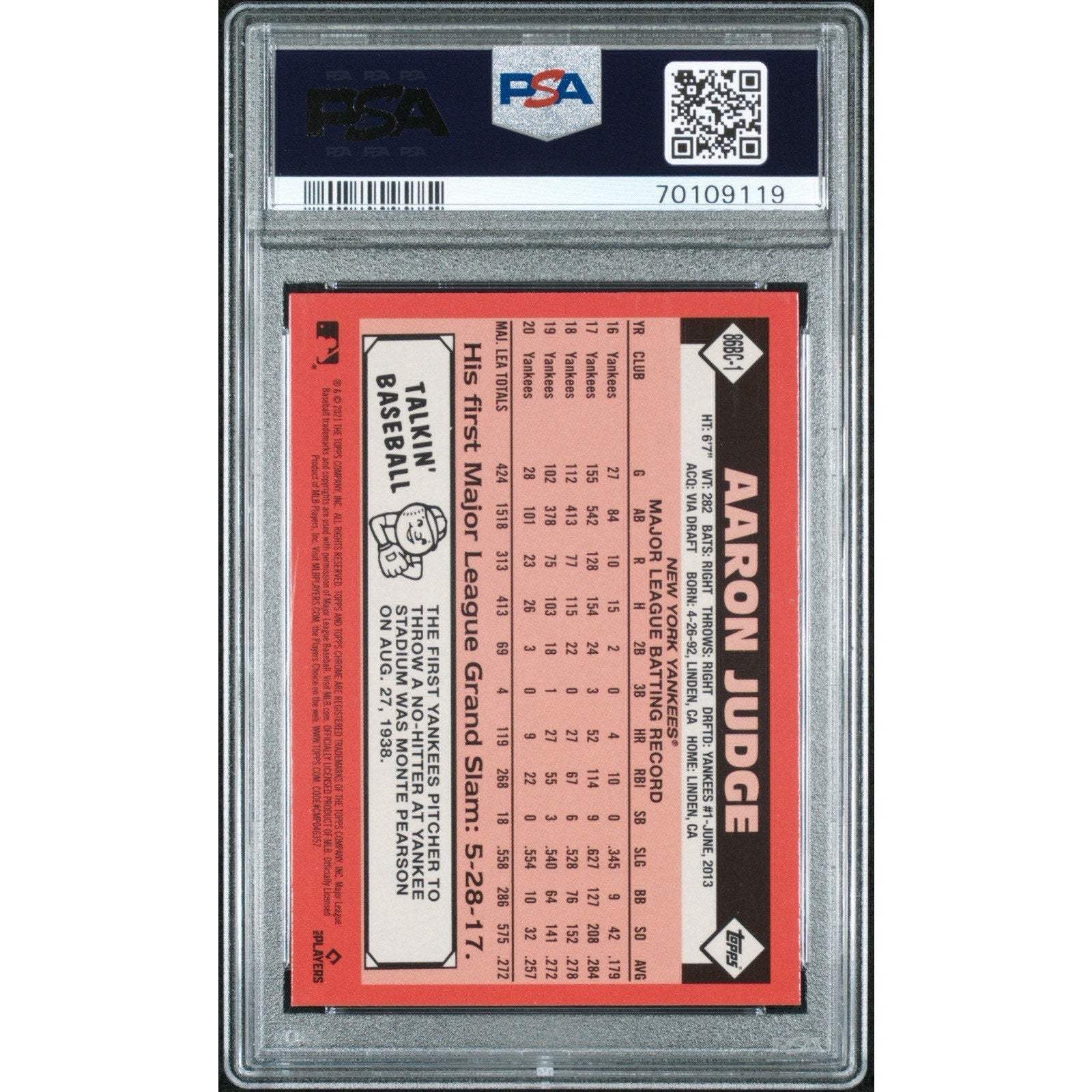 2021 TOPPS CHROME 1986 TOPPS BB #86BC1 AARON JUDGE PSA 10