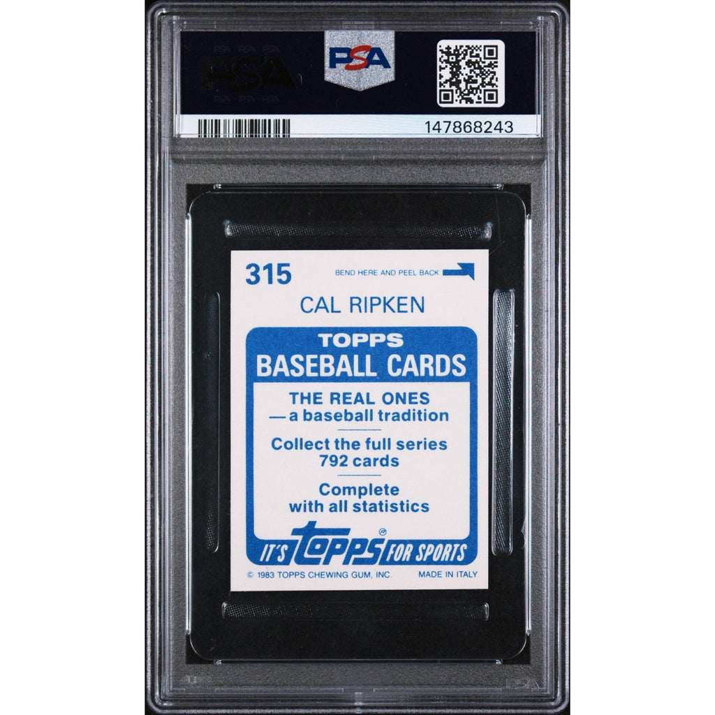 1983 Topps Stickers Cal Ripken Jr. #315 PSA 9 Mint sticker card back featuring Topps sticker album information and card details