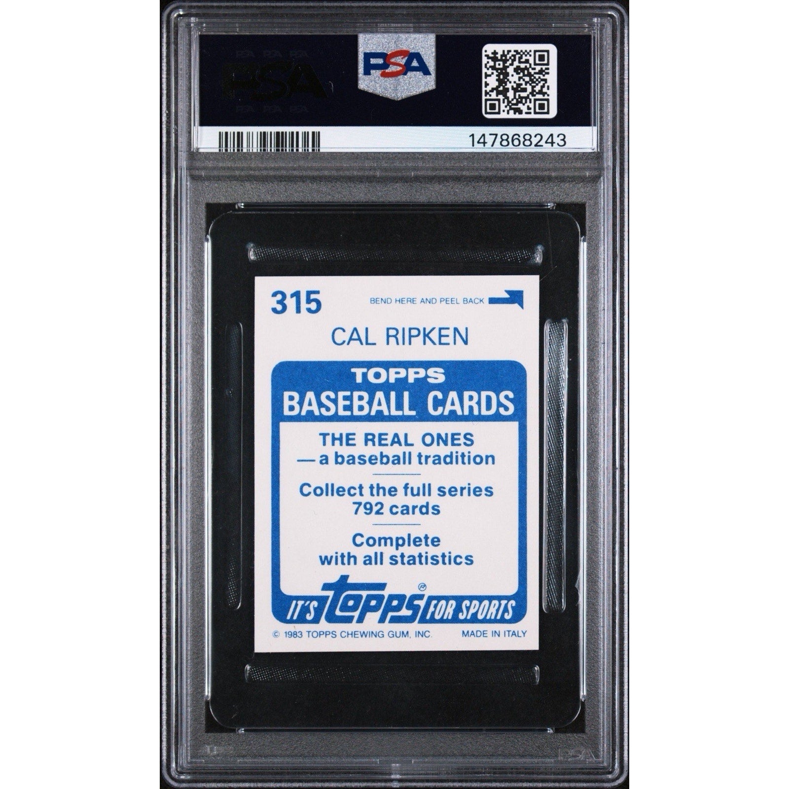 1983 Topps Stickers Cal Ripken Jr. #315 PSA 9 Mint sticker card back featuring Topps sticker album information and card details