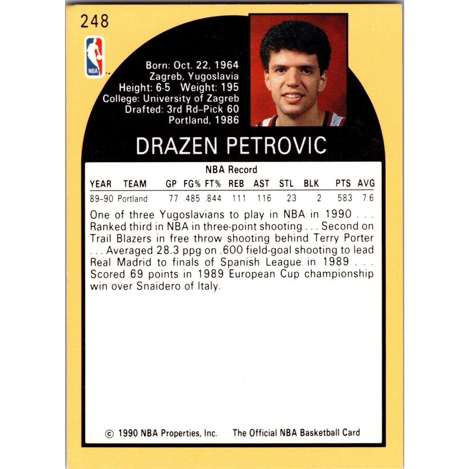 Drazen Petrovic RC 1990 NBA Hoops Rookie Basketball Card HOF NM