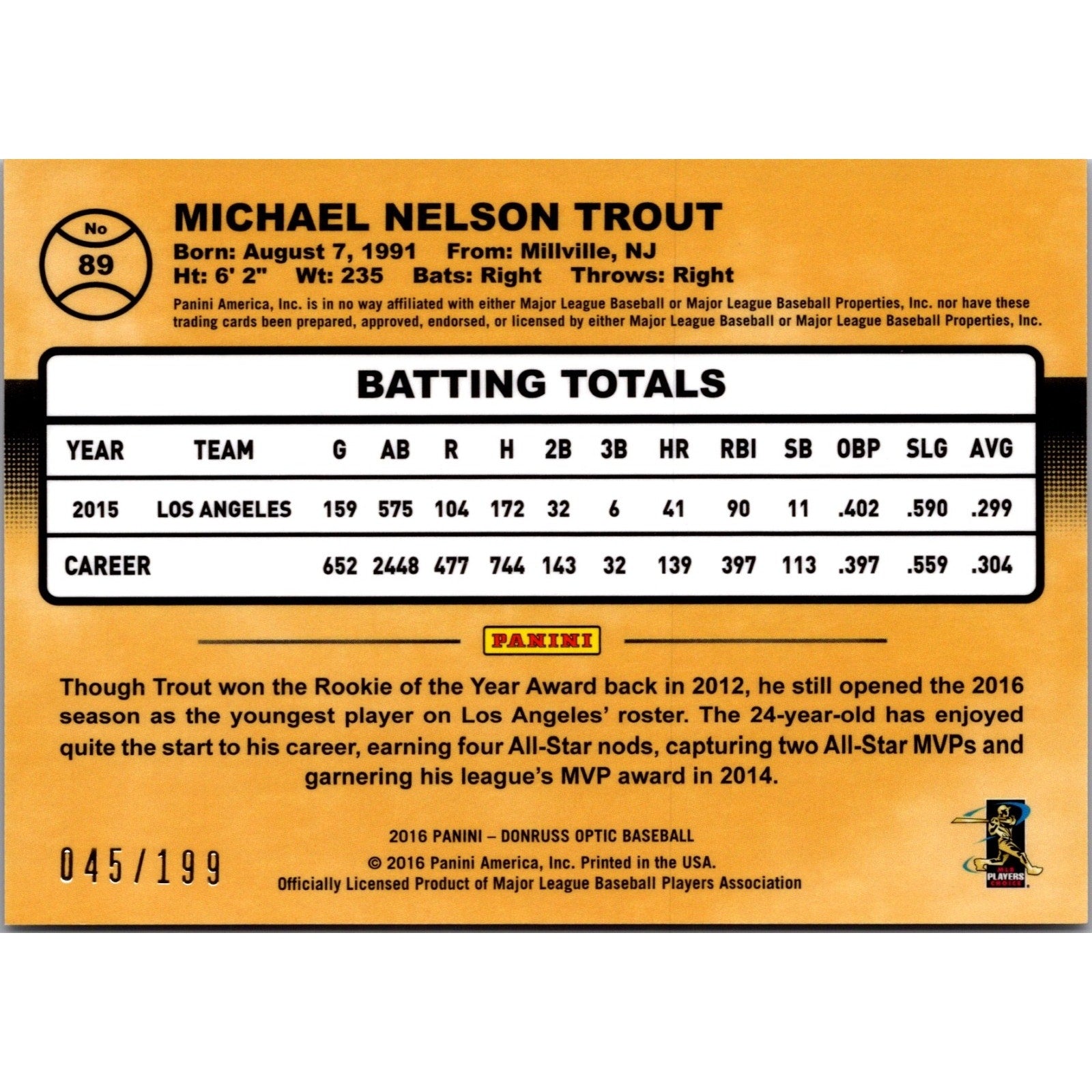 Mike Trout 2016 Donruss Optic Orange #54/199 Angels