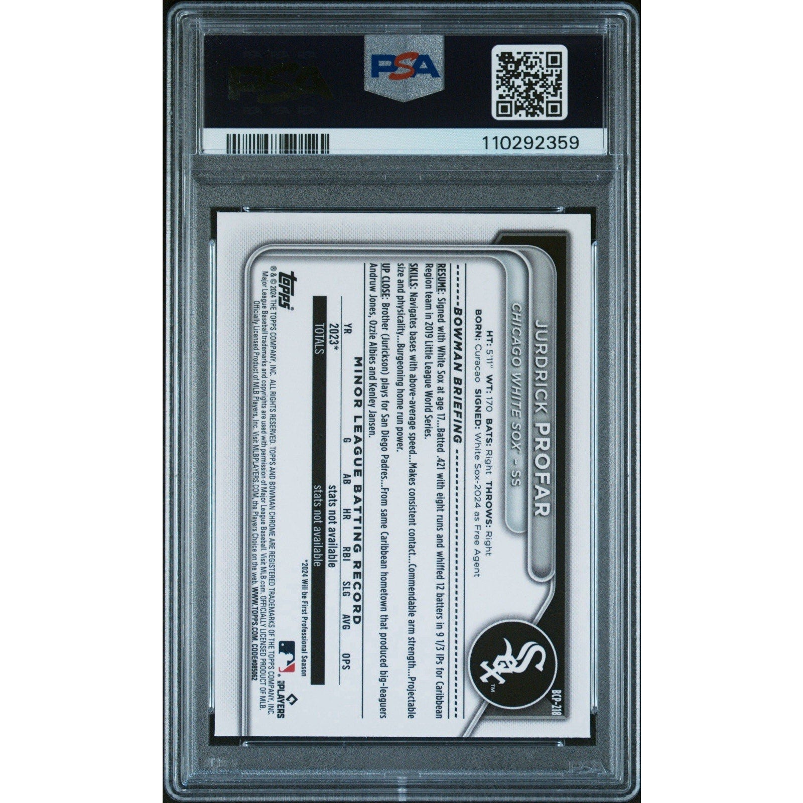 2024 Bowman Chrome Sapphire Jurdrick Profar Prospects Yellow /75 White Sox PSA