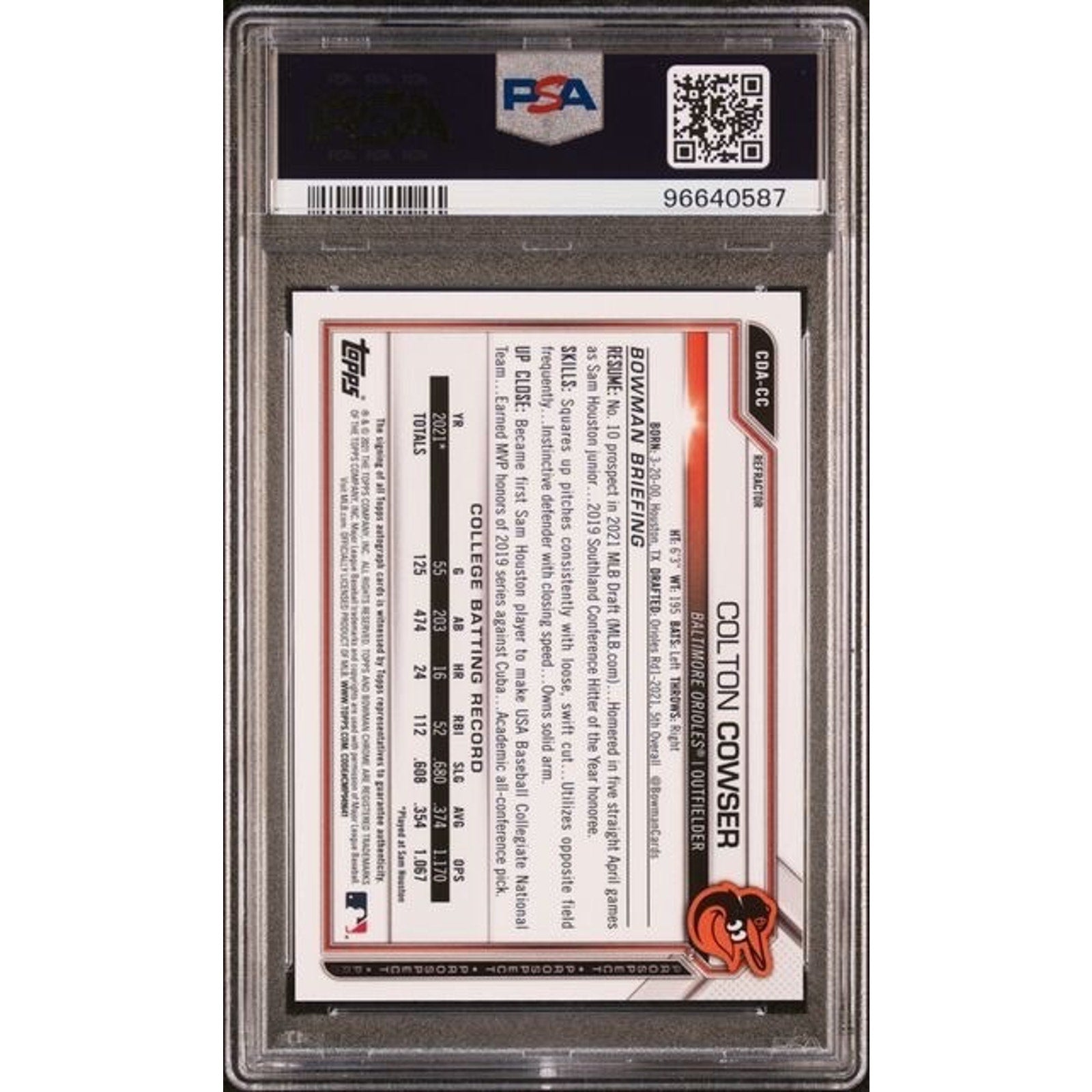 2021 Bowman Draft 1st Chrome #CDACC Colton Cowser Autograph Refractor /499 PSA 9 RC