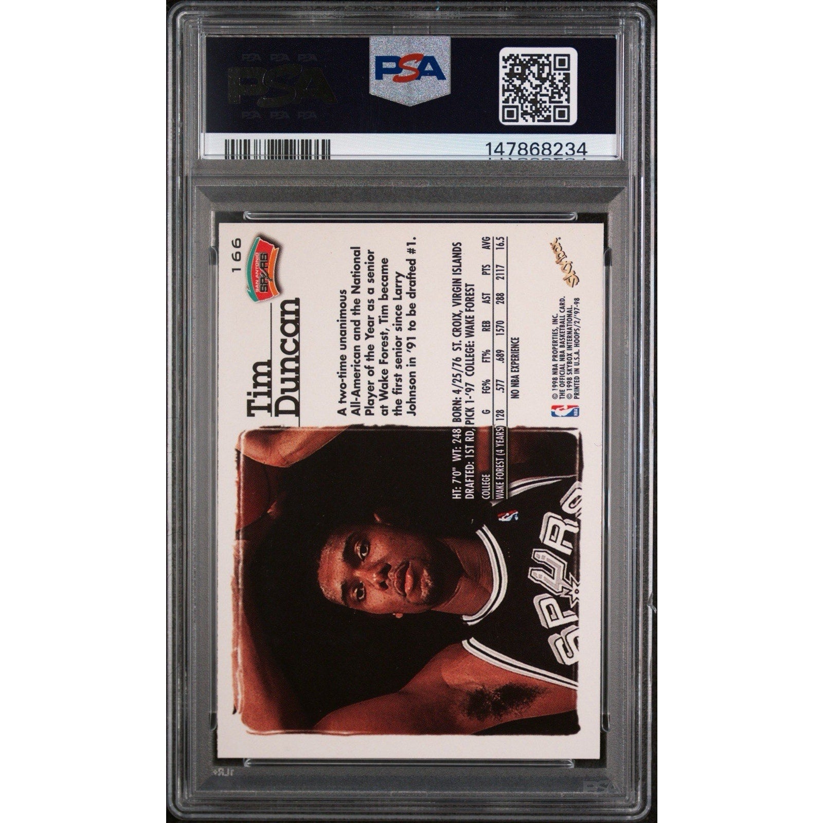 Back of 1997 Hoops #166 Tim Duncan rookie basketball card in PSA 8 Near Mint holder