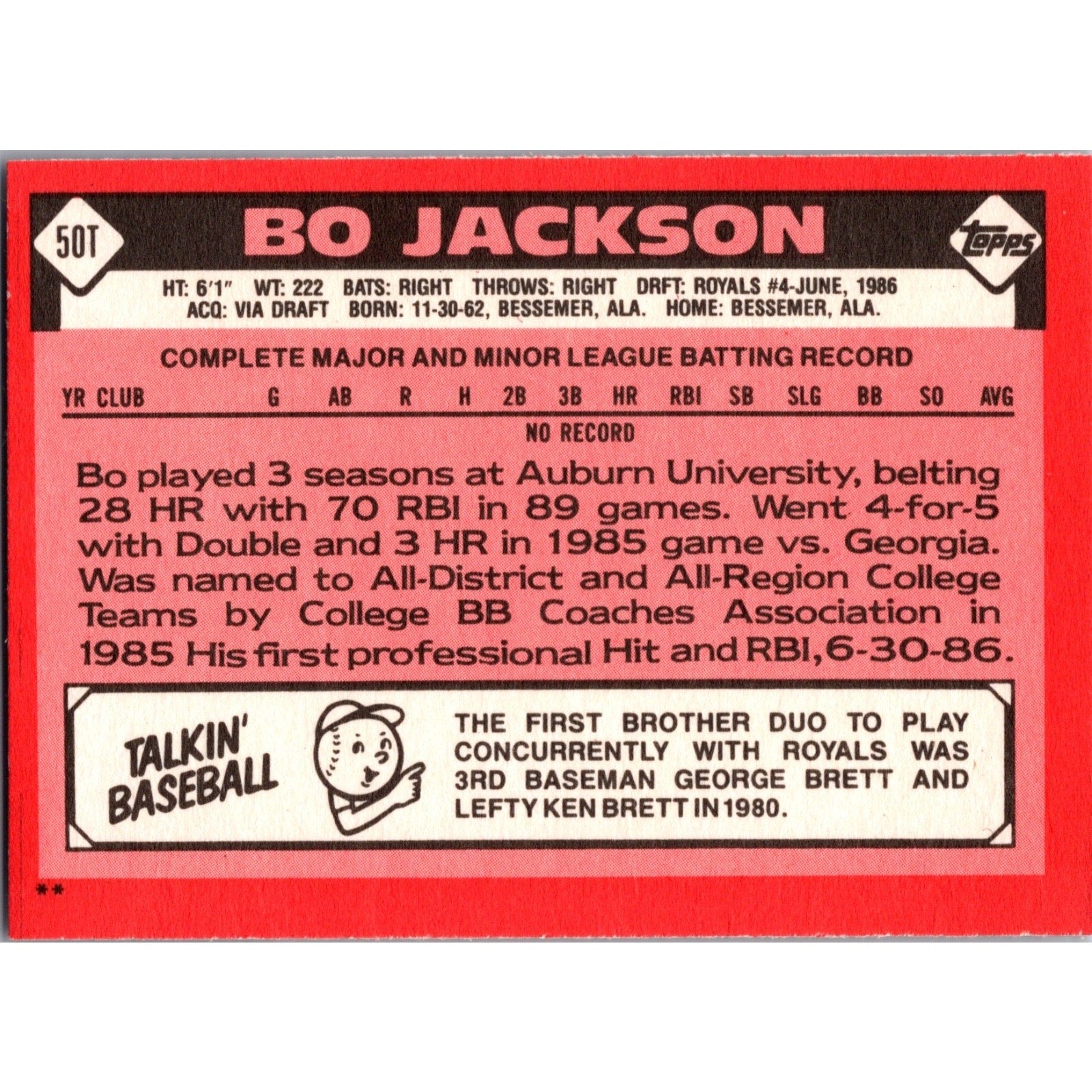 Bo Jackson 1986 Topps Traded Rookie #50T RC NM Rookie