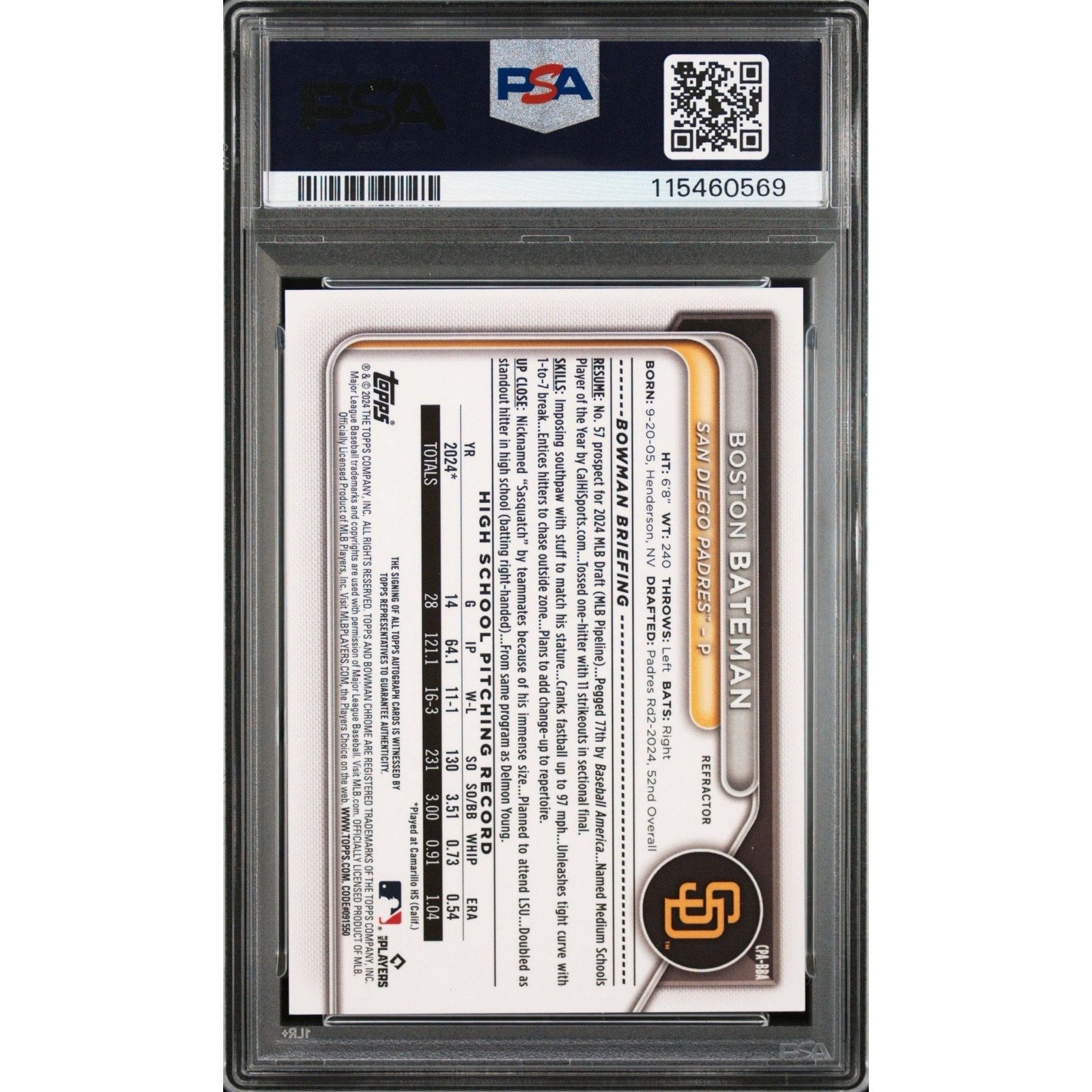 2024 Bowman Draft Boston Bateman Chrome Auto Refractor /499 #CPA-BBA PSA Rookie