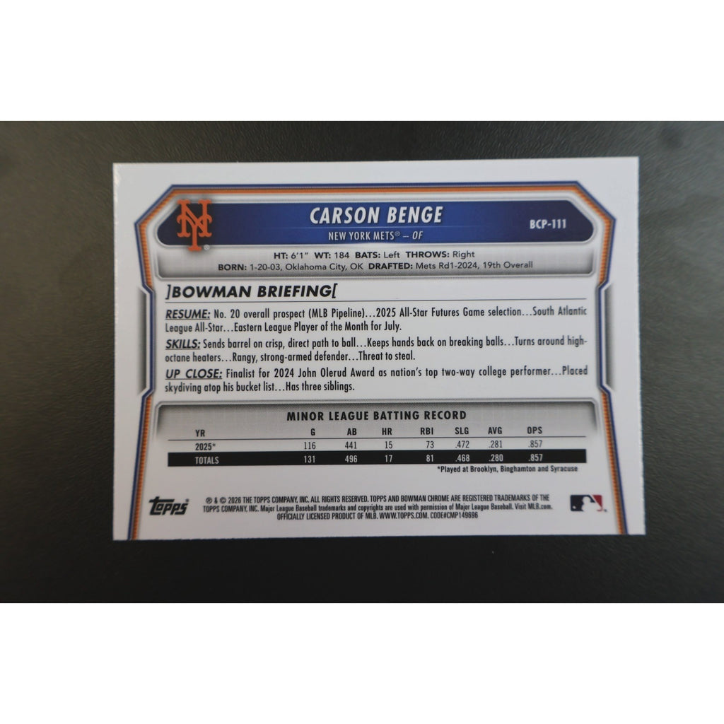 Carson Benge 2026 Bowman Chrome BCP-111 Blue Mojo Refractor Color Match /150