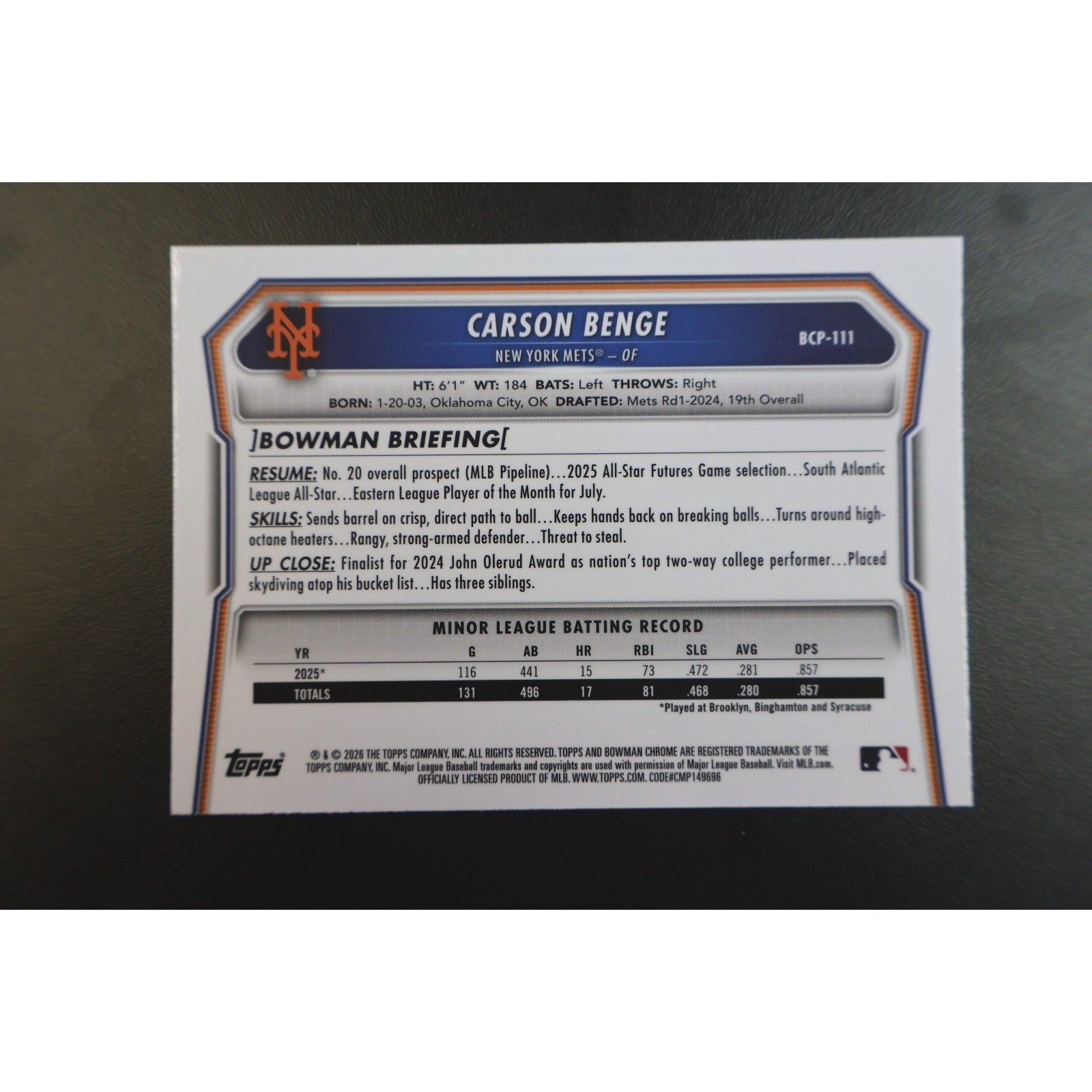 Carson Benge 2026 Bowman Chrome BCP-111 Blue Mojo Refractor Color Match /150