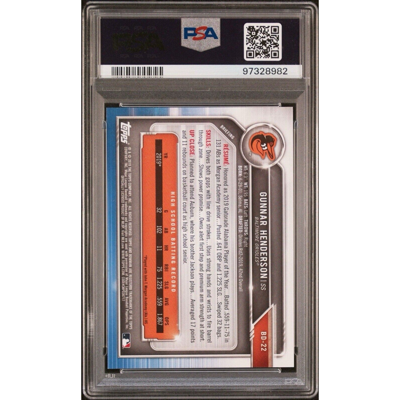 2019 1st Bowman Prospect Draft Gunnar Henderson PSA 9 Auto 10 RC Rookie Orioles