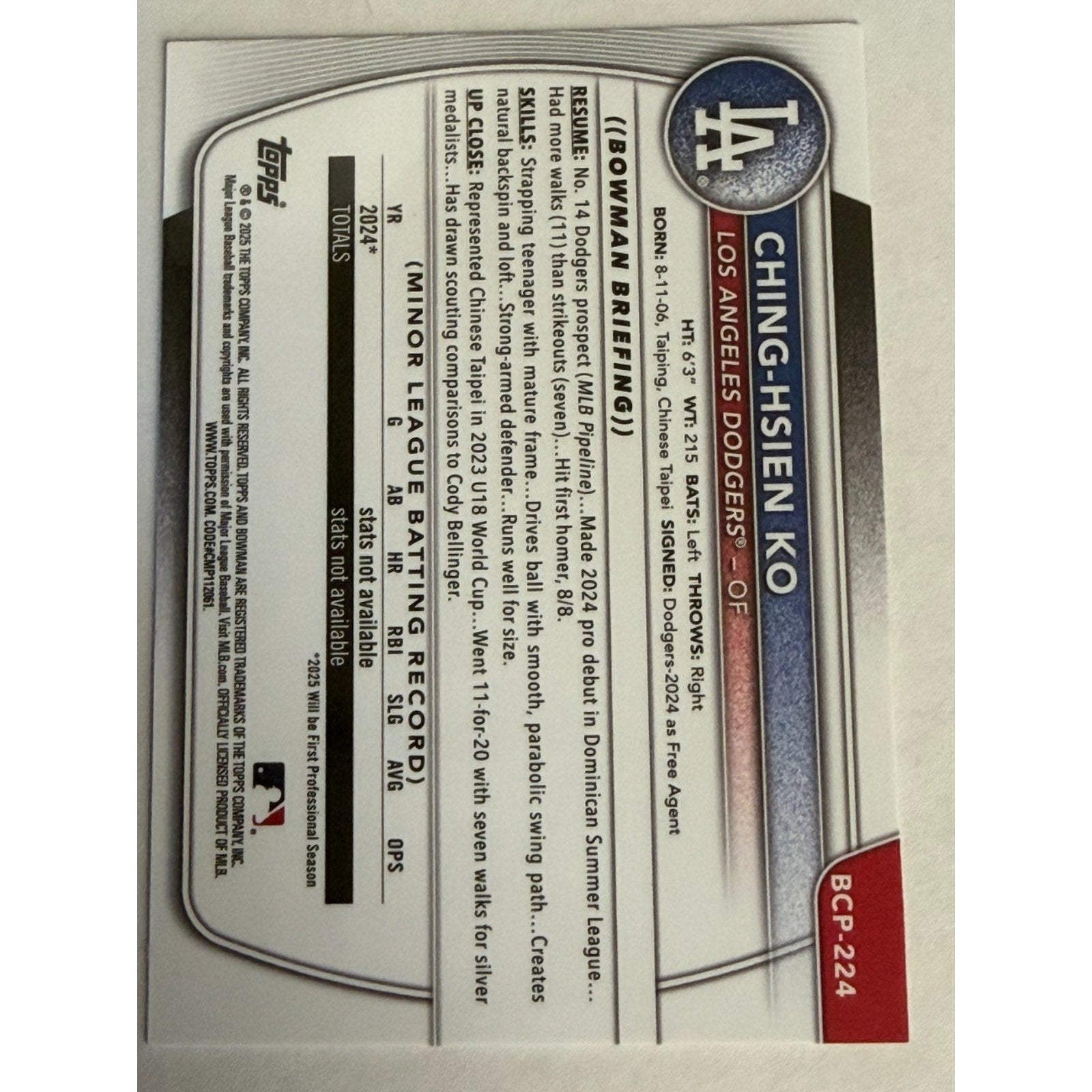 Ching-Hsien Ko 2025 Bowman Chrome 1st Blue Geometric /150 Dodgers Color Match