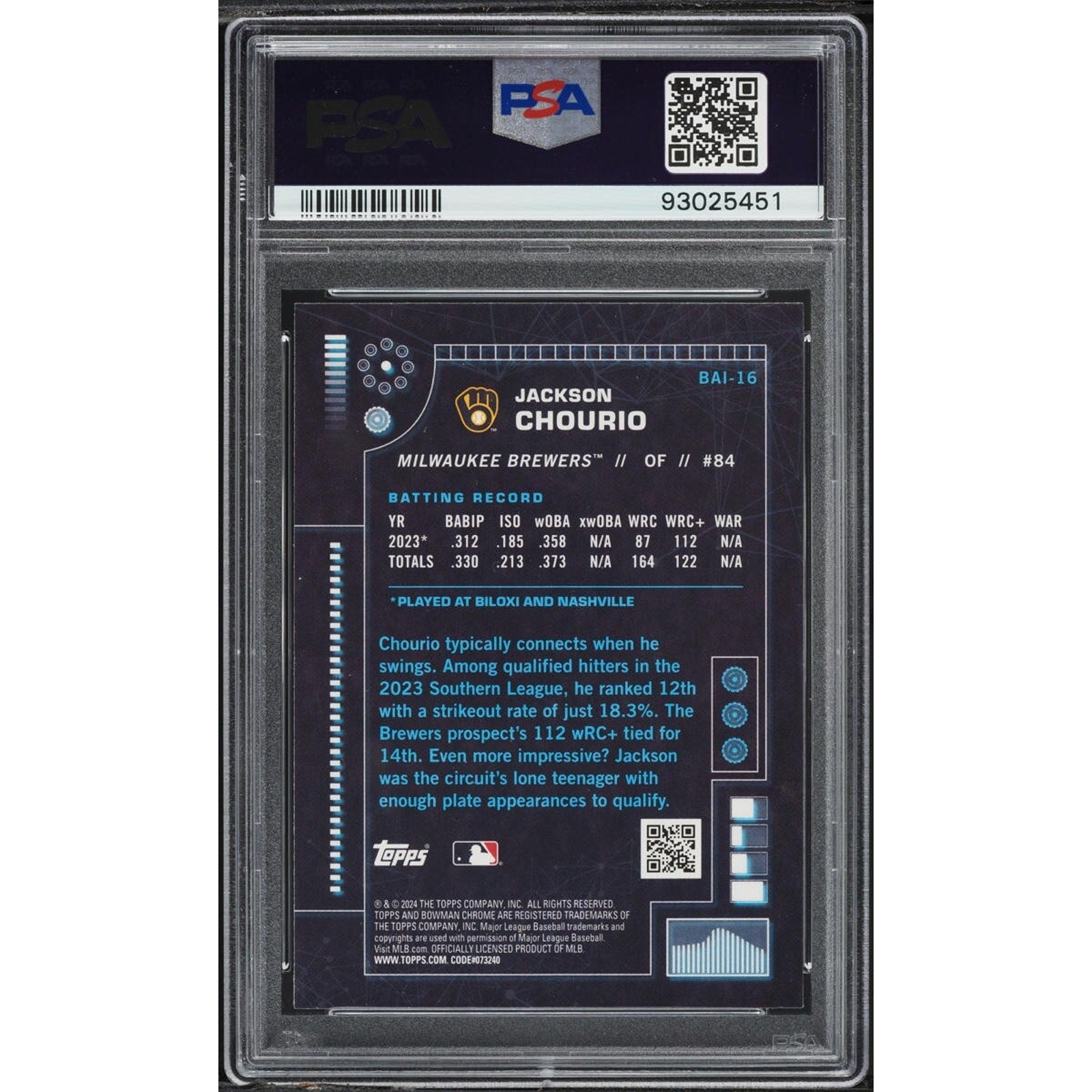 Jackson Chourio 2024 Bowman Chrome AI ROOKIE #BAI-16 PSA 9 MINT Brewers RC