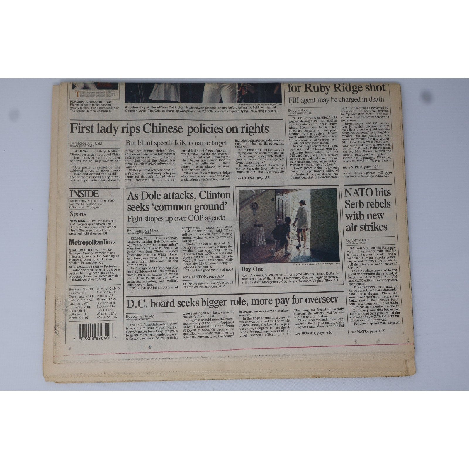 Cal Ripken Jr Ties+Breaks Streak The Washington Times Full Newspapers Set Of 2