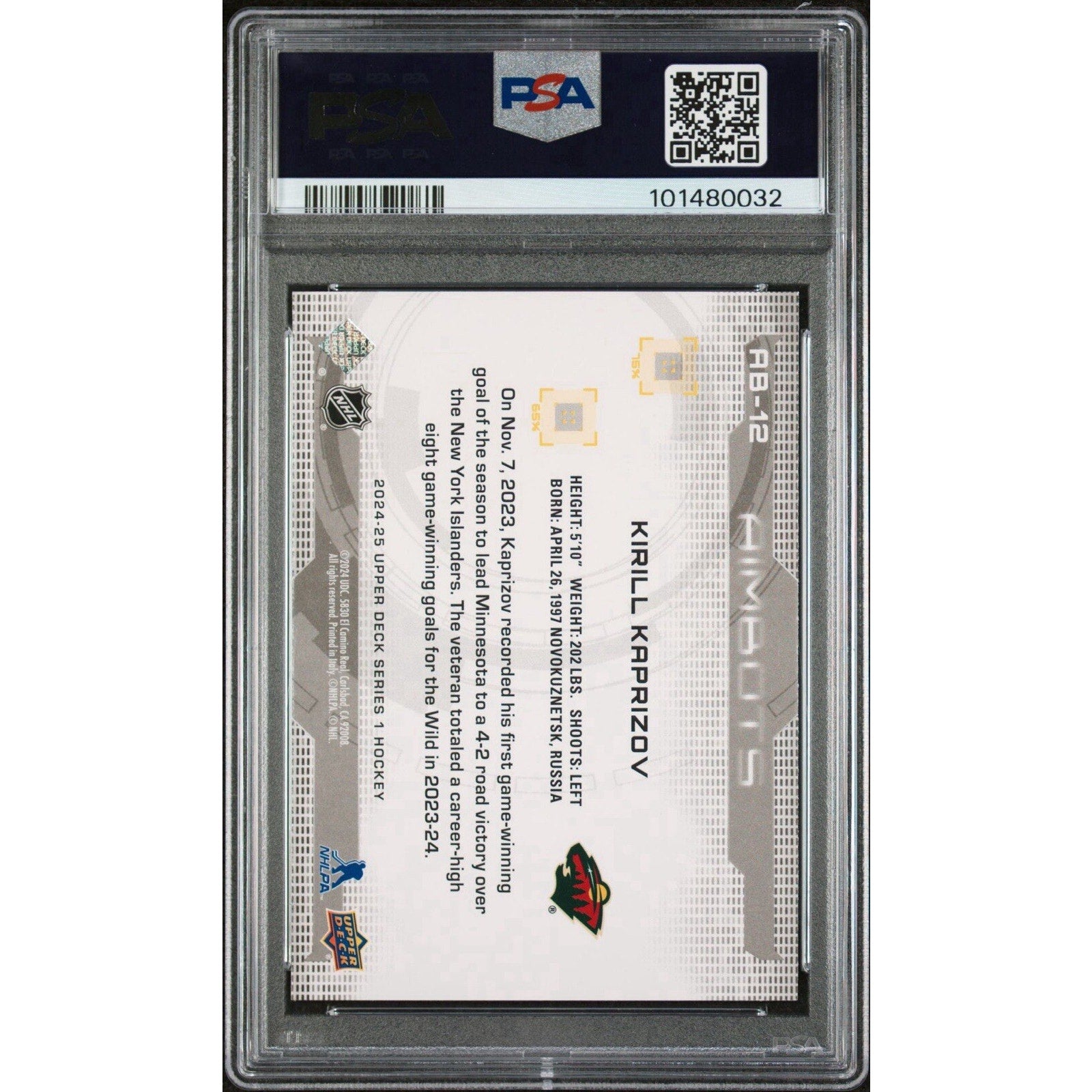 2024-25 Upper Deck Series 1 AimBots Kirill Kaprizov #AB-12 PSA 9 Mint Wild