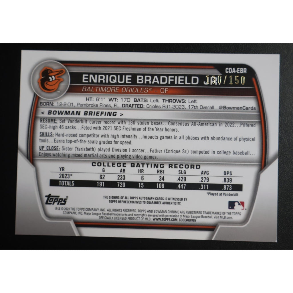 2023 Bowman Chrome Enrique Bradfield Jr Blue Wave Refractor Rookie Auto /150 RC