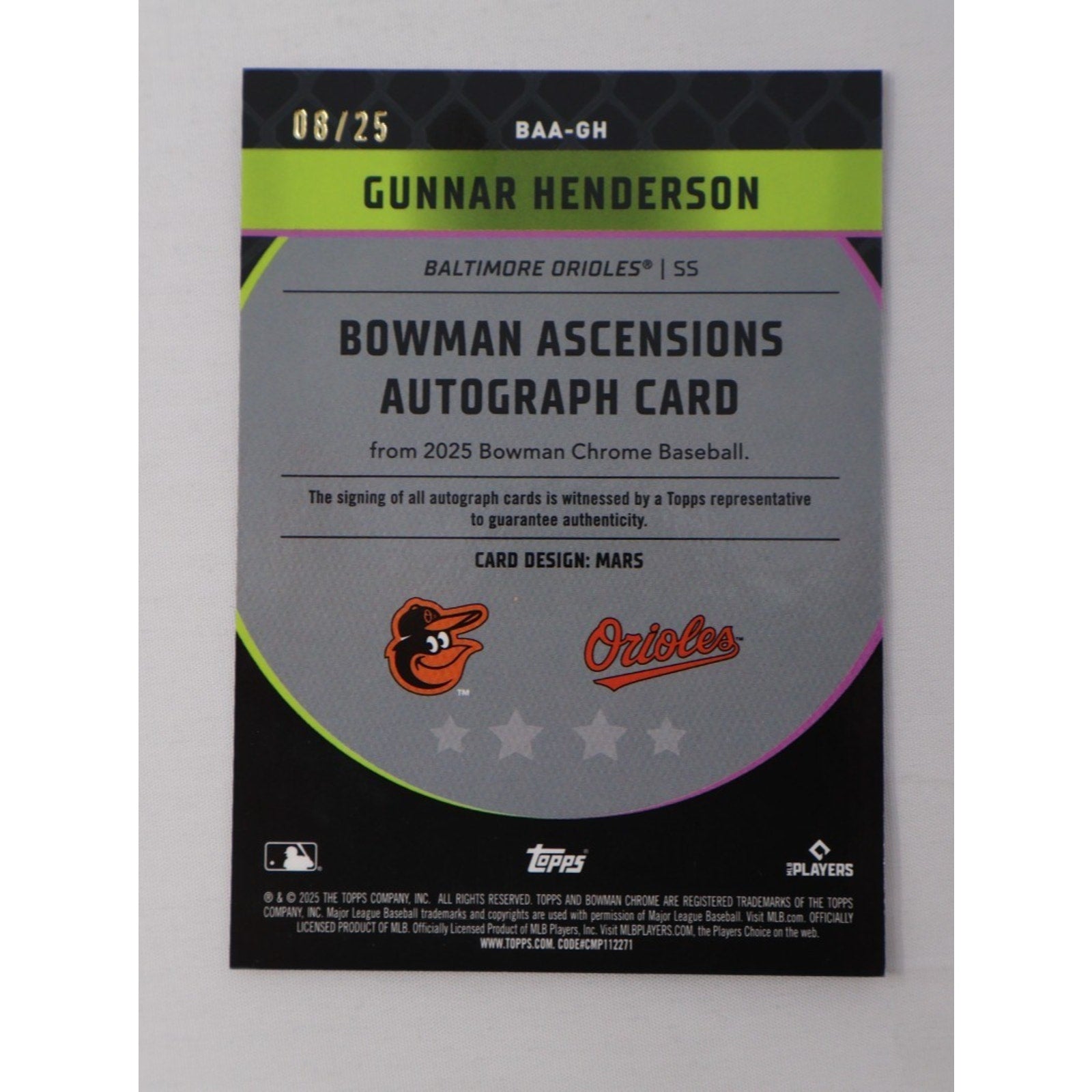 Gunnar Henderson 2025 Bowman Chrome Bowman Ascensions Auto #BAA-GH /25