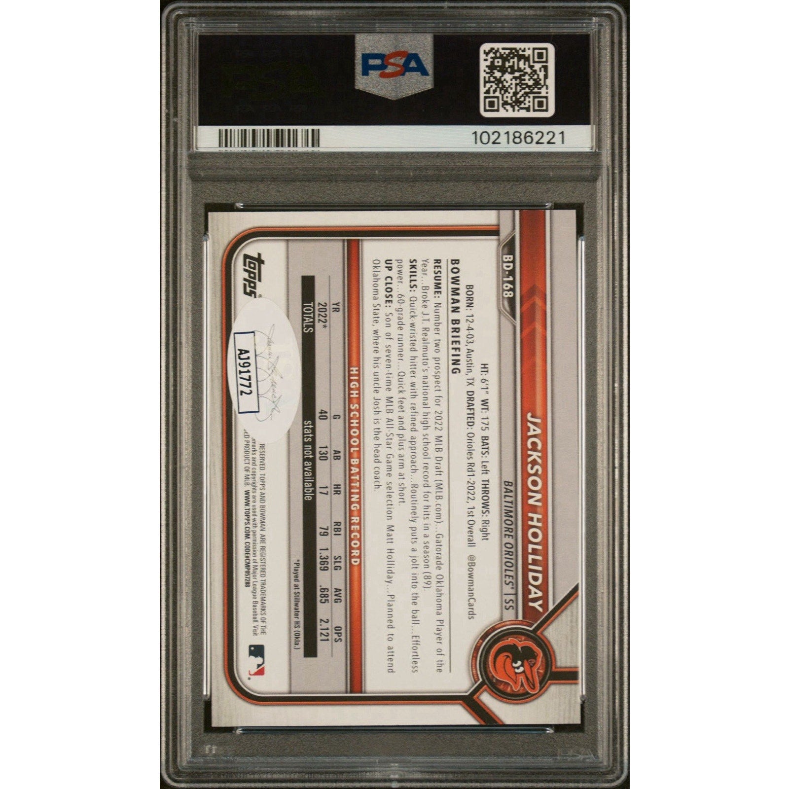 Jackson Holliday 2022 1st Bowman Draft BD-168 PSA 9 DNA Auto 10 Rookie Orioles