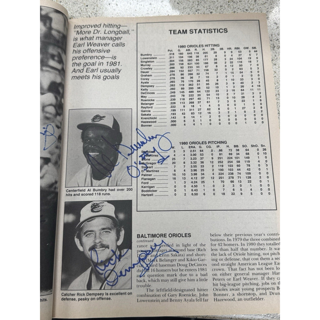 Autographed baseball magazine interior page featuring multiple MLB player signatures and statistics