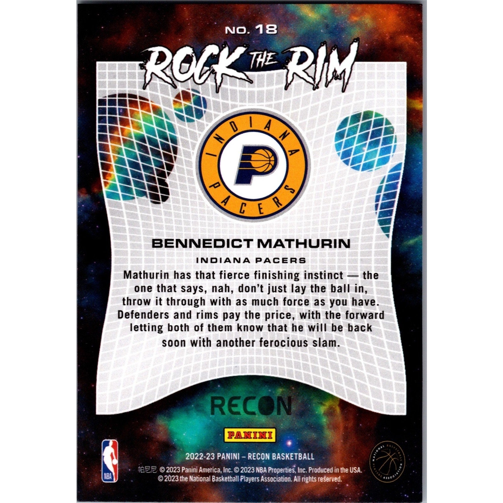 Bennedict Mathurin 2022-23 Panini Recon - Rock the Rim Insert #18 (RC) Mint