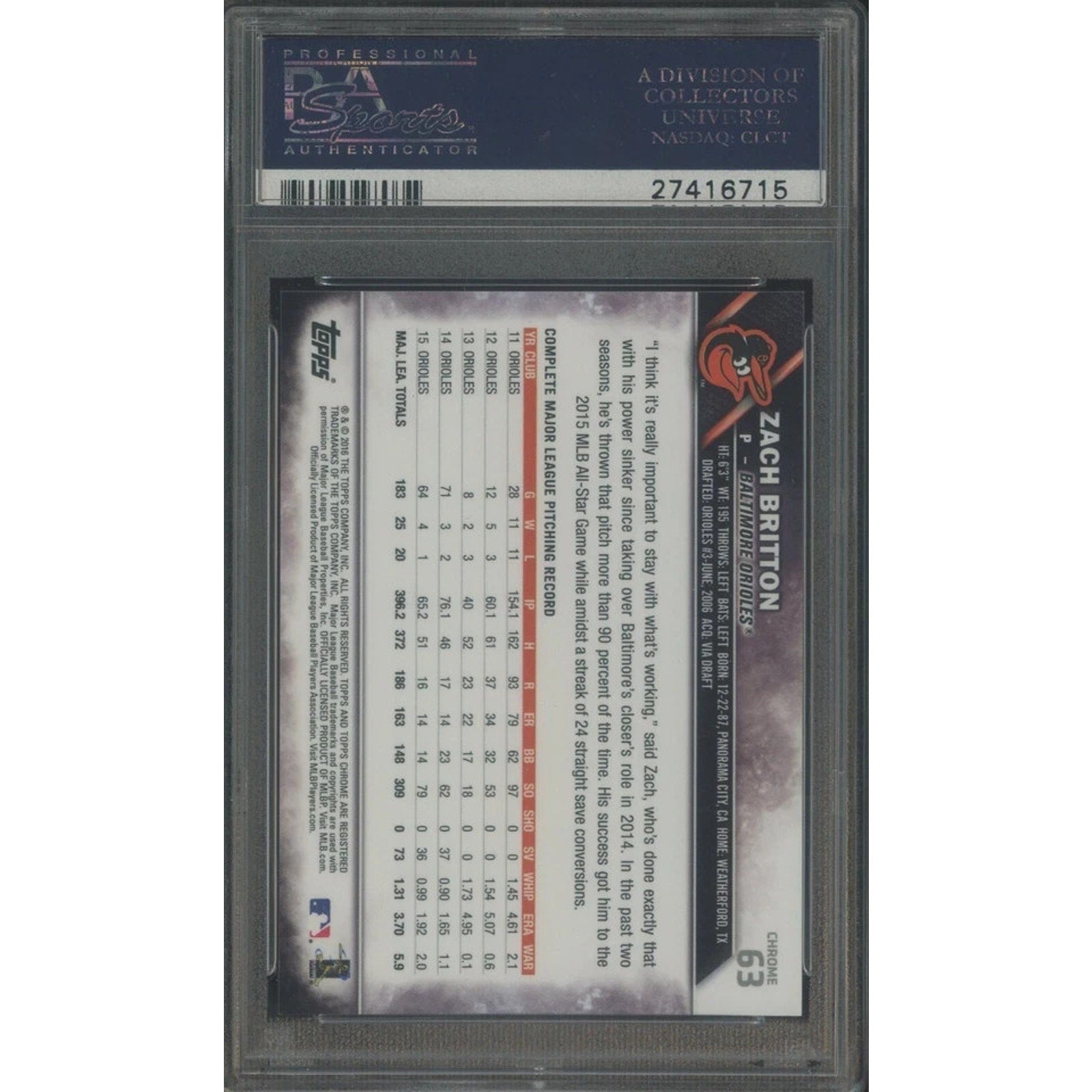 Zach Britton 2016 Topps Chrome Sapphire #63 PSA 10 Gem Mint