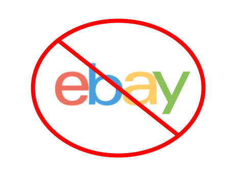 Red circle with a line through the eBay logo on a white background