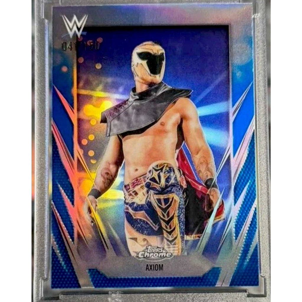 2026 Topps Chrome WWE Axiom Blue Refractor parallel card numbered to 150 featuring WWE high-flying superstar