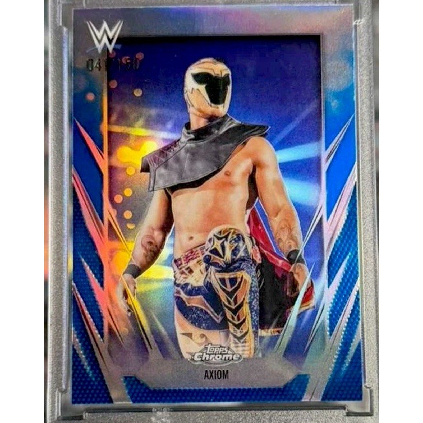 2026 Topps Chrome WWE Axiom Blue Refractor parallel card numbered to 150 featuring WWE high-flying superstar