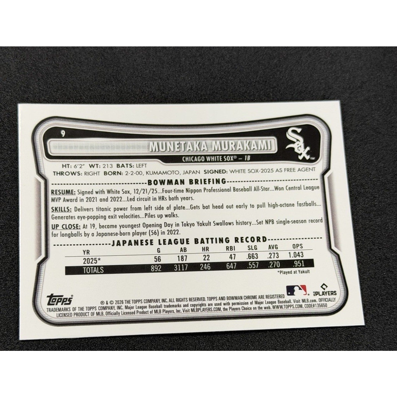 Munetaka Murakami 2026 Bowman Chrome Red RC Variations #9 Chicago White Sox