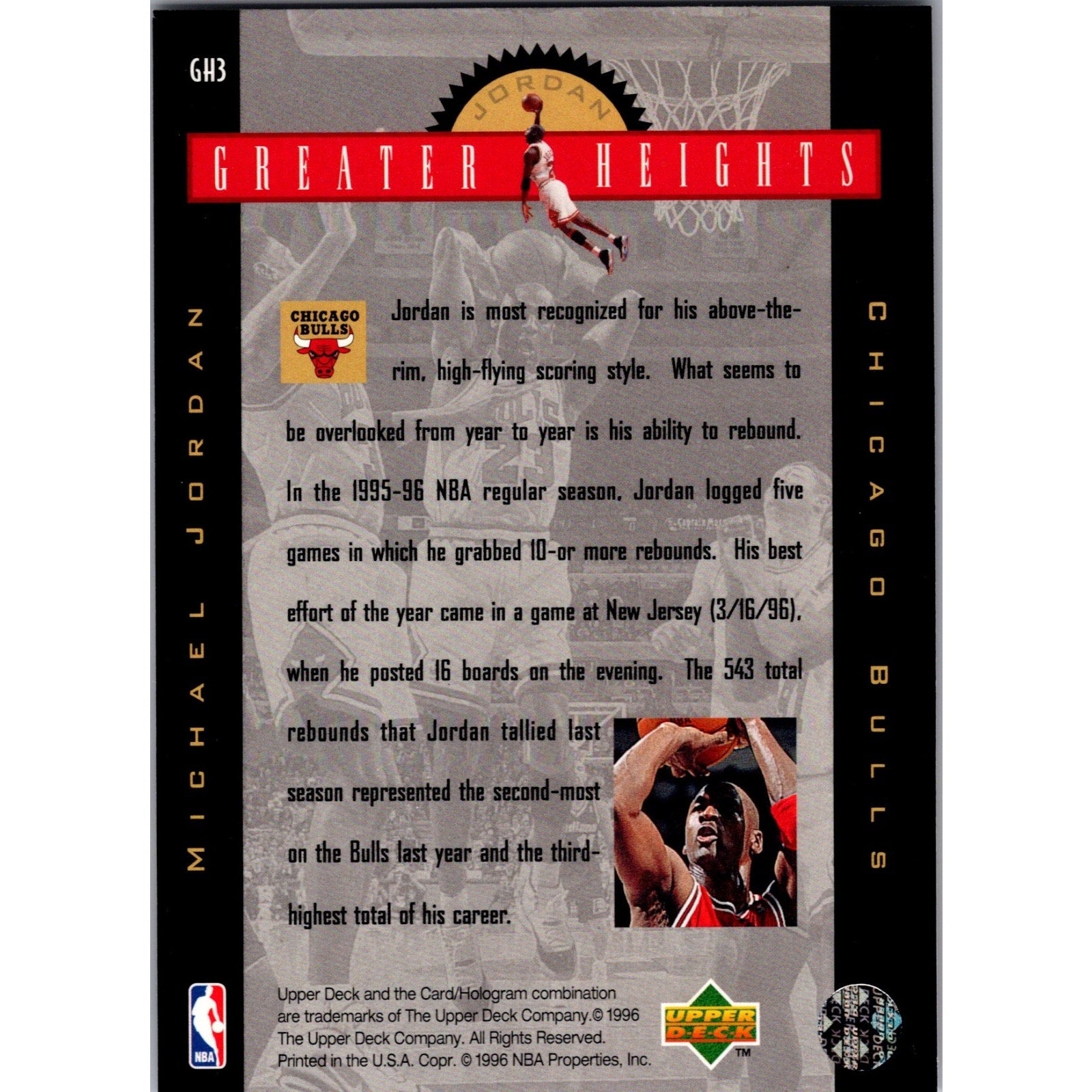 MICHAEL JORDAN 1996-97 Upper Deck Greater Heights Insert #GH3 NM