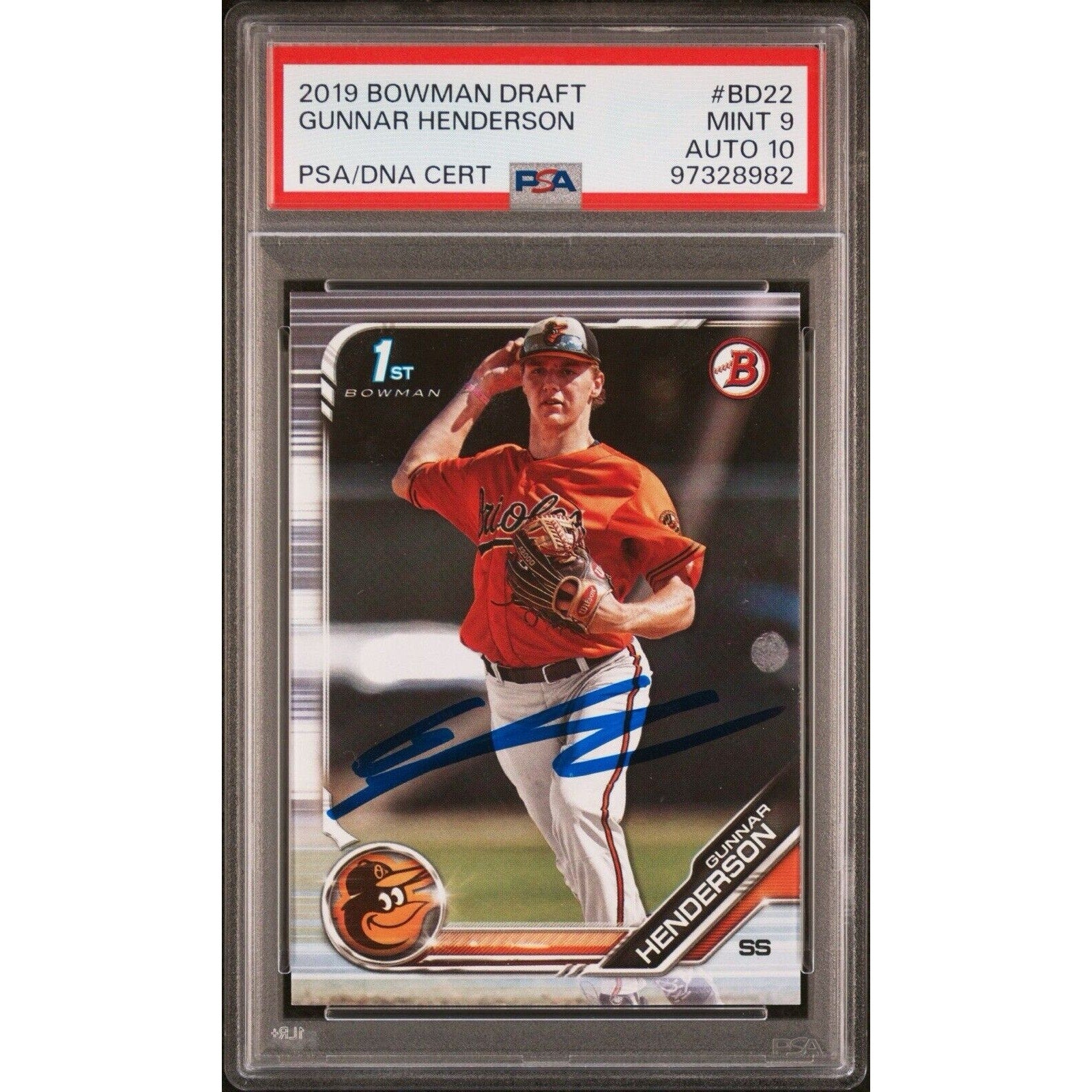 2019 1st Bowman Prospect Draft Gunnar Henderson PSA 9 Auto 10 RC Rookie Orioles