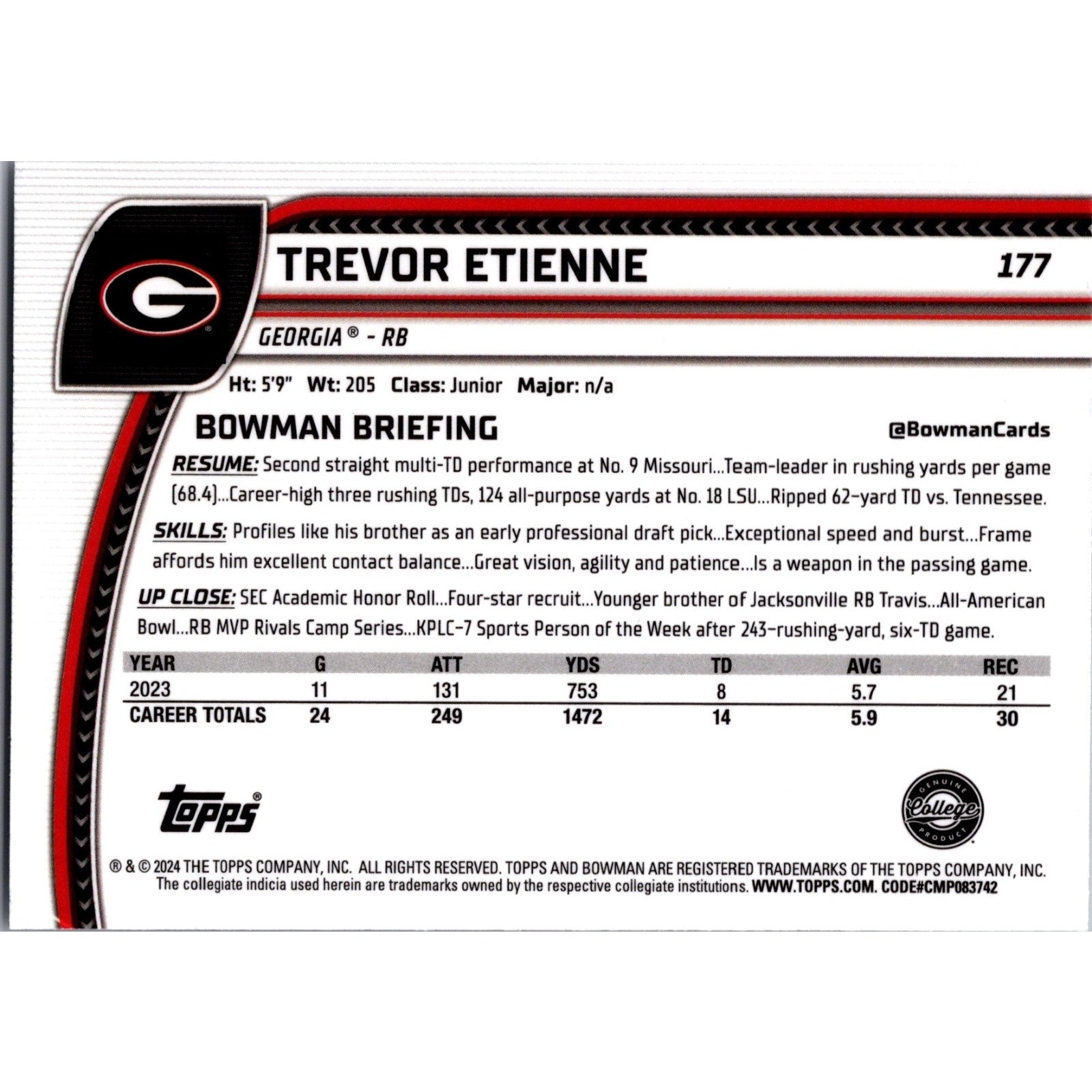 Trevor Etienne 2024 Bowman U Chrome #177 Georgia Bulldogs