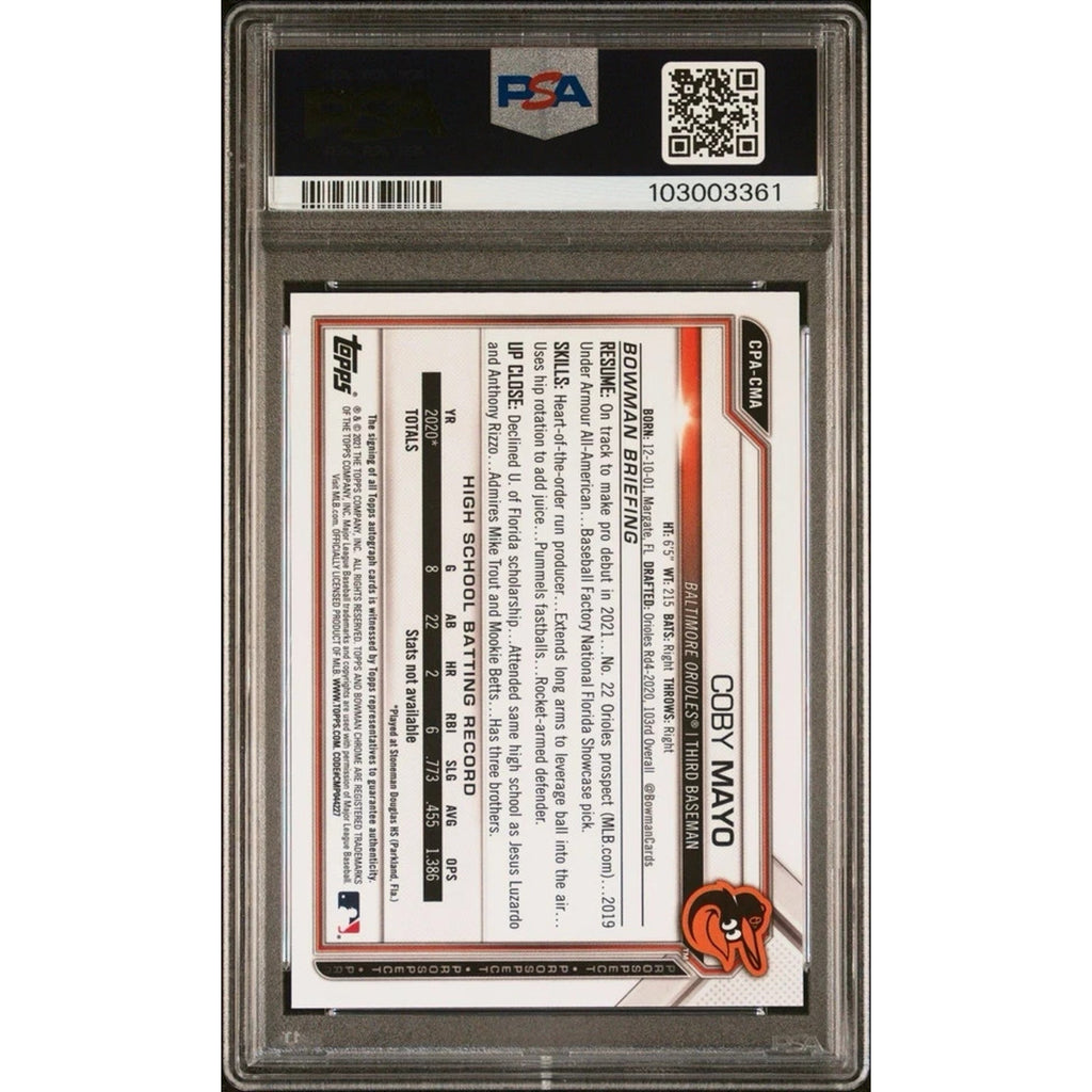 2021 Bowman Chrome Draft 1st Coby Mayo Blue Refractor Auto /150 PSA 9 Mint