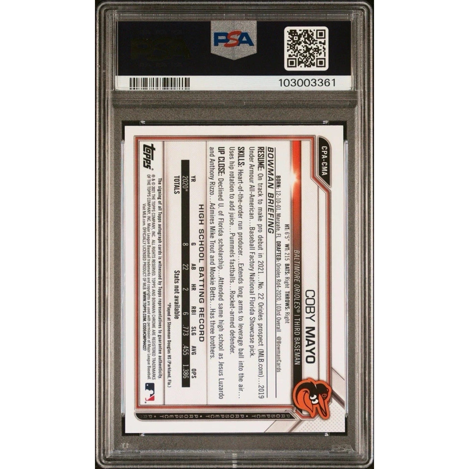 2021 Bowman Chrome Draft 1st Coby Mayo Blue Refractor Auto /150 PSA 9 Mint