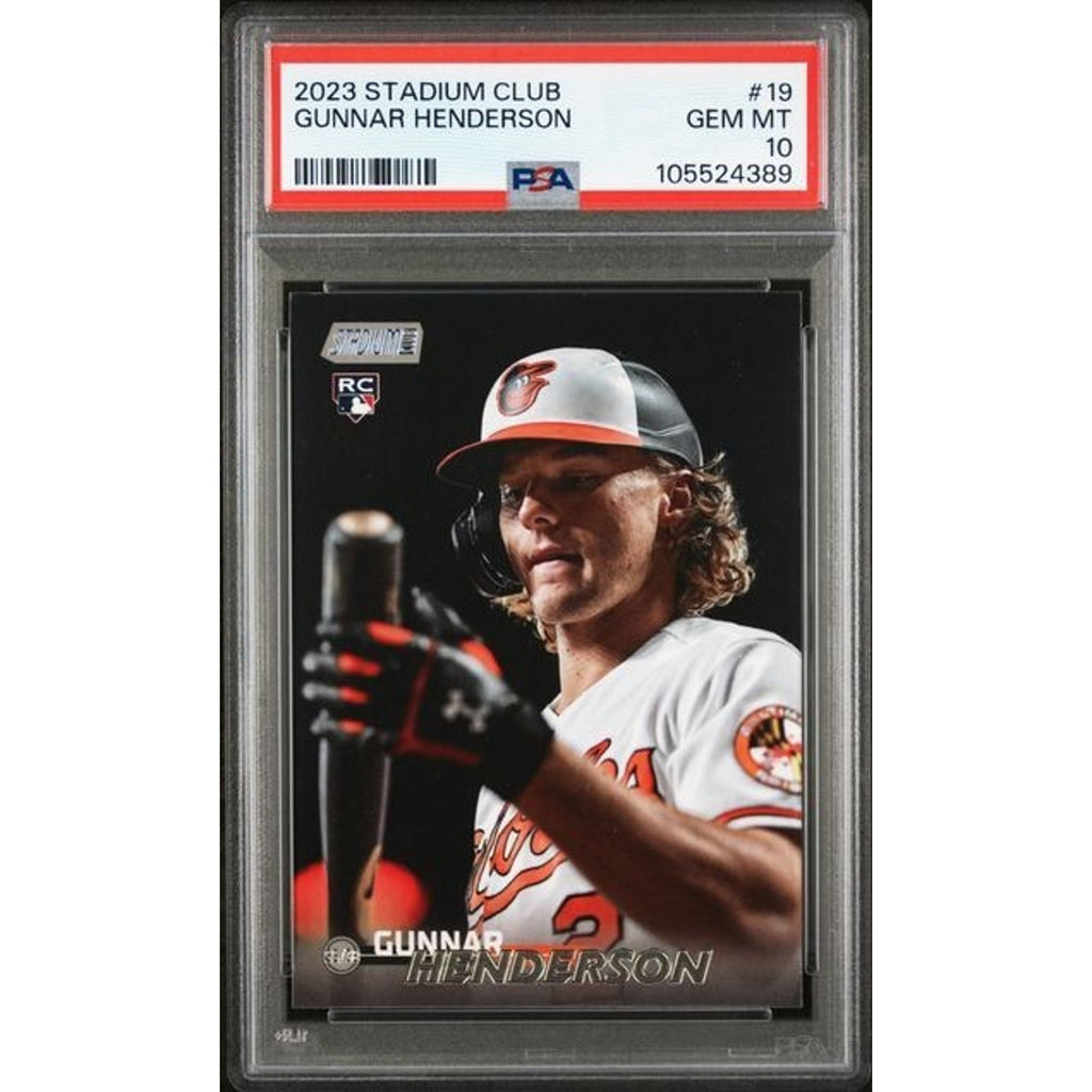 2023 Topps Stadium Club #19 Gunnar Henderson rookie card PSA 10 Gem Mint featuring Baltimore Orioles star
