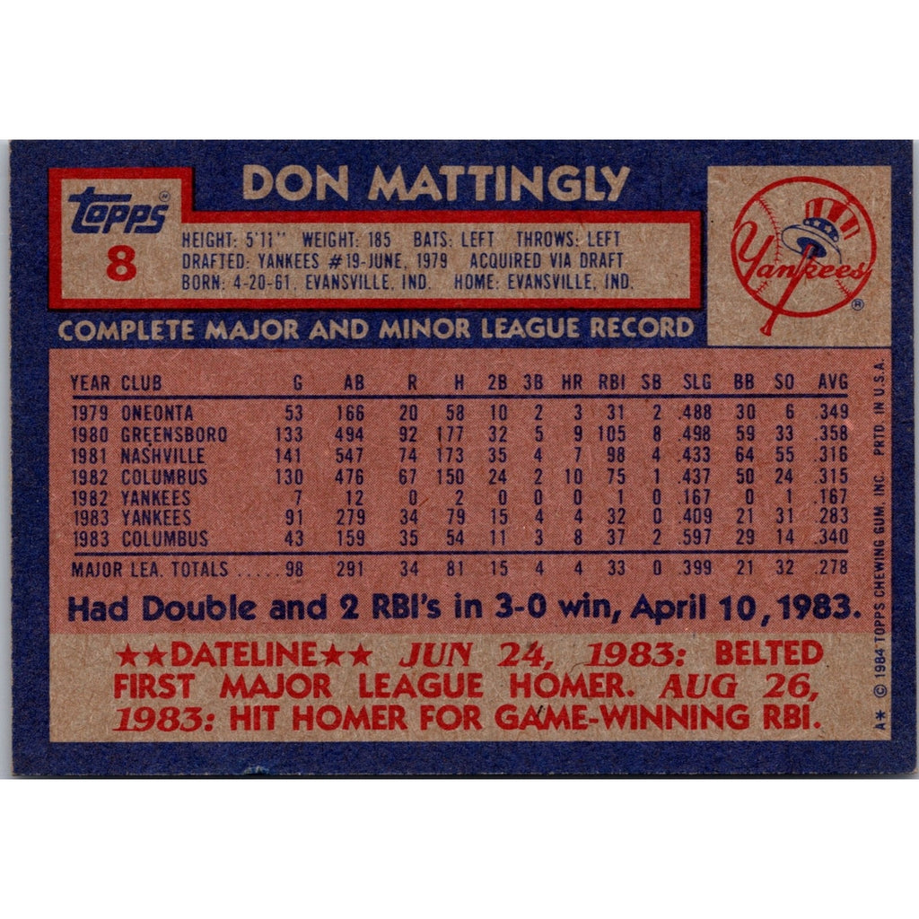 Don Mattingly 1984 Topps #8 (RC) Rookie NM+ New York Yankees