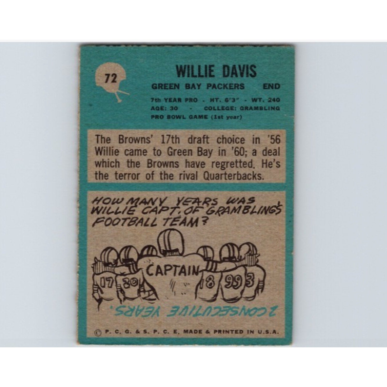 WILLIE DAVIS 1964 Philadelphia #72 Green Bay Packers HOF EX Condition