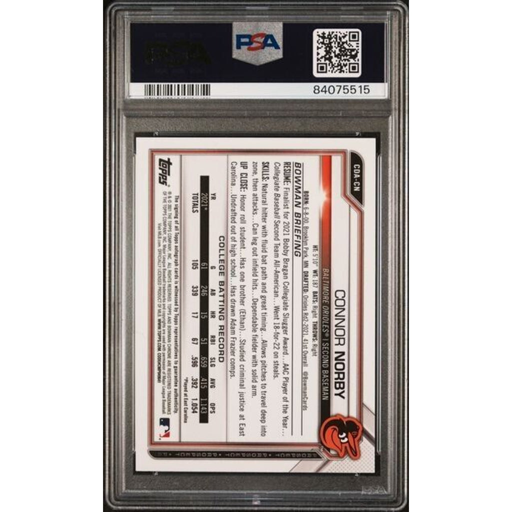 2021 Bowman Chrome Connor Norby CDACN Black Wave 1/1 Auto PSA 9 Mint Rookie RC