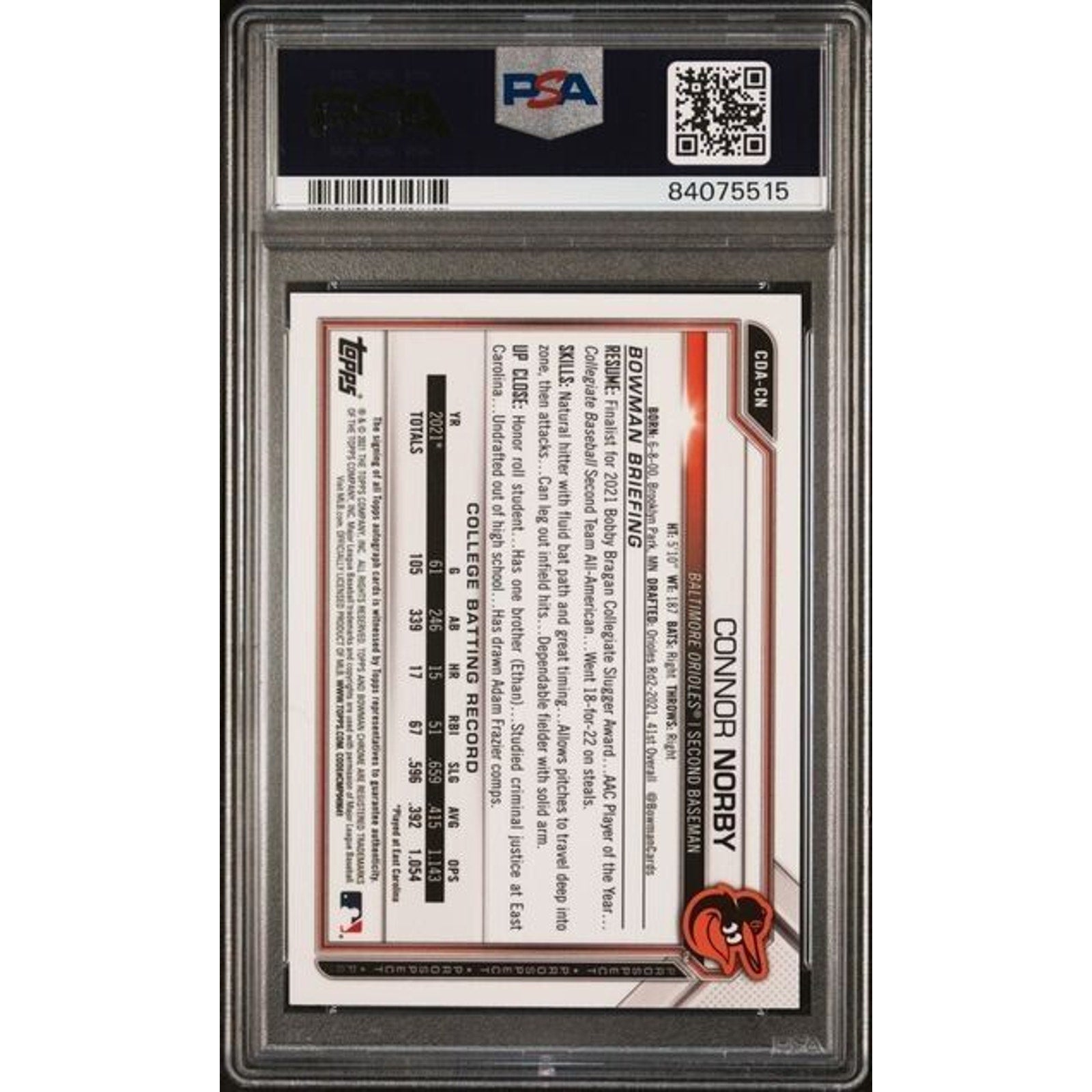 2021 Bowman Chrome Connor Norby CDACN Black Wave 1/1 Auto PSA 9 Mint Rookie RC