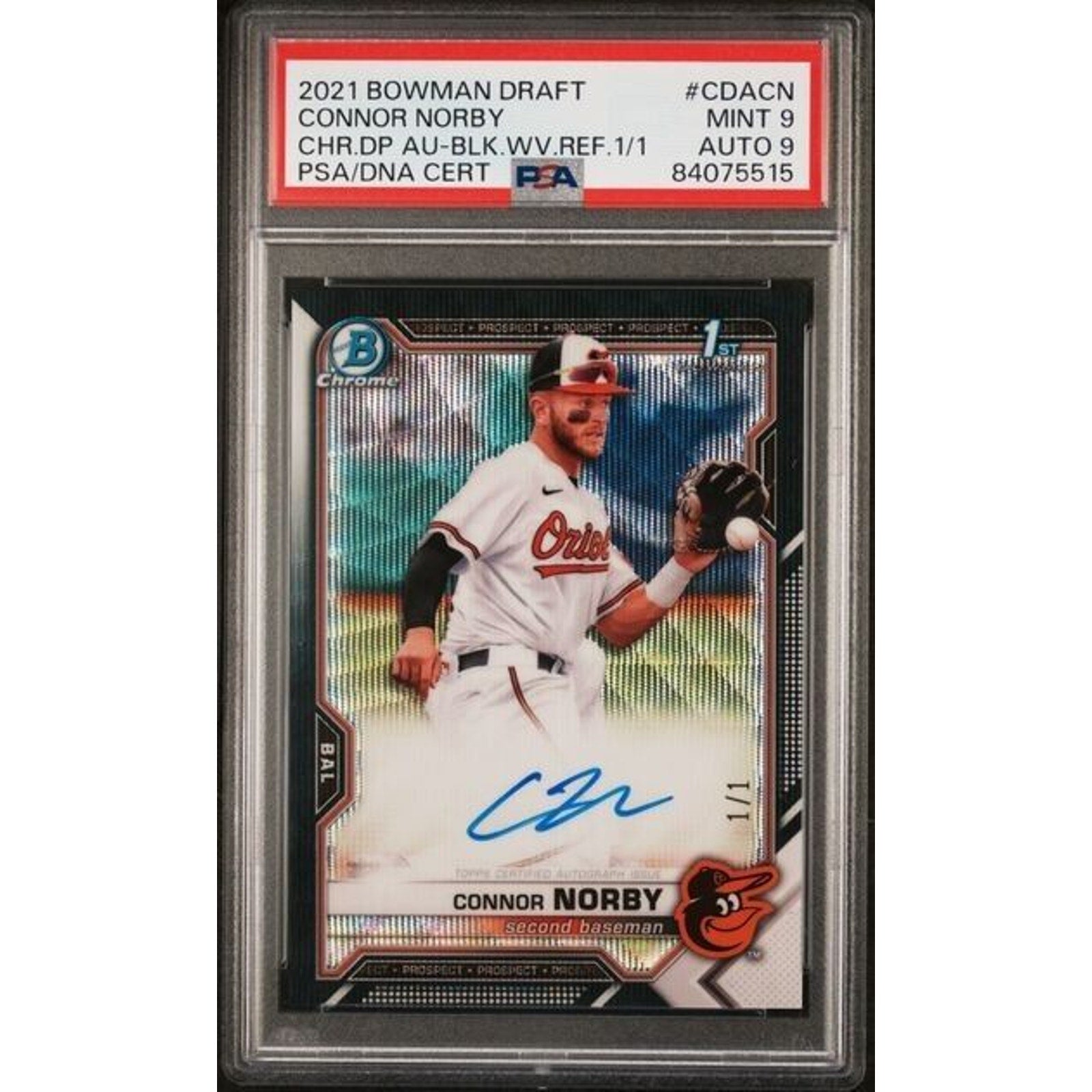 2021 Bowman Chrome Connor Norby CDACN Black Wave 1/1 Auto PSA 9 Mint Rookie RC