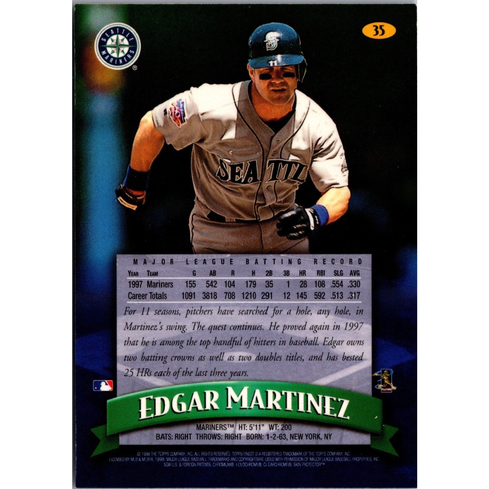 Edgar Martinez 1998 Topps Finest + Protective Coating #35