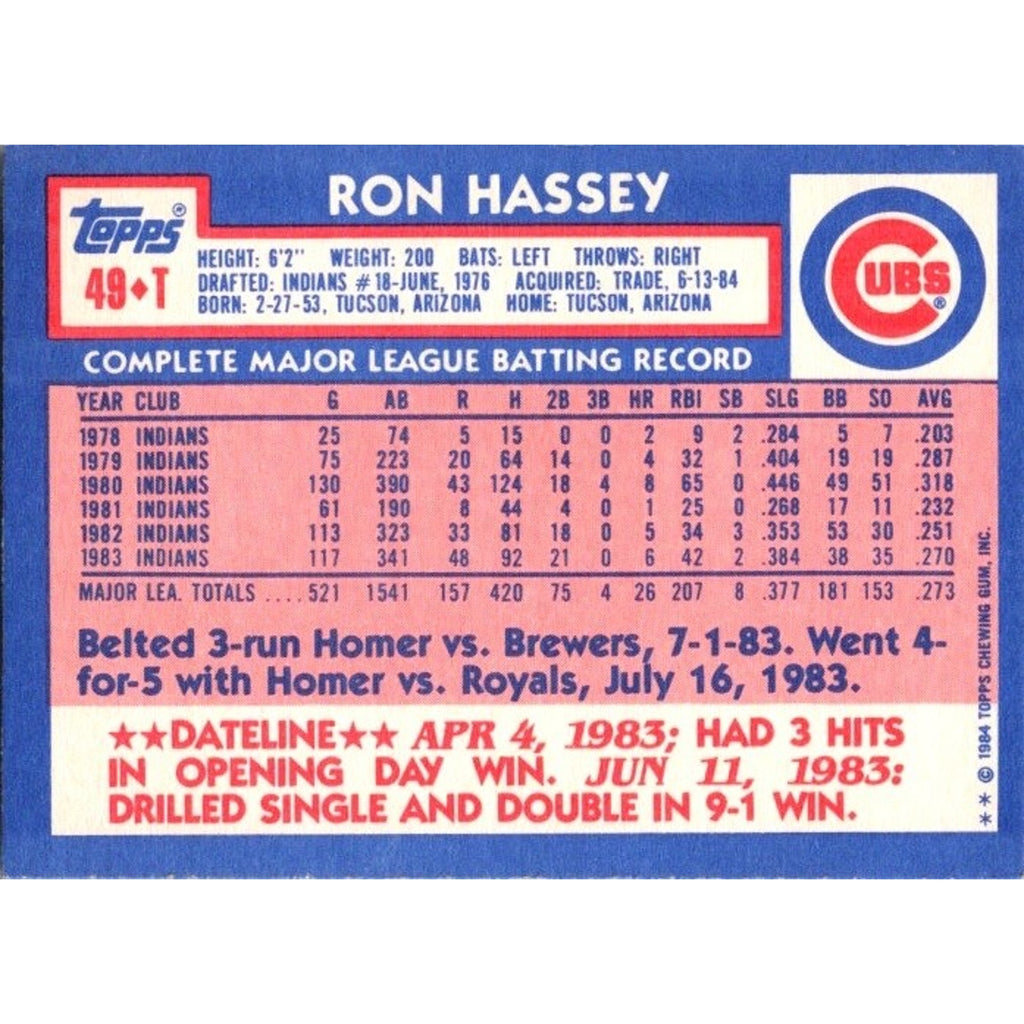 1984 Topps Traded #49T Ron Hassey Chicago Cubs Baseball